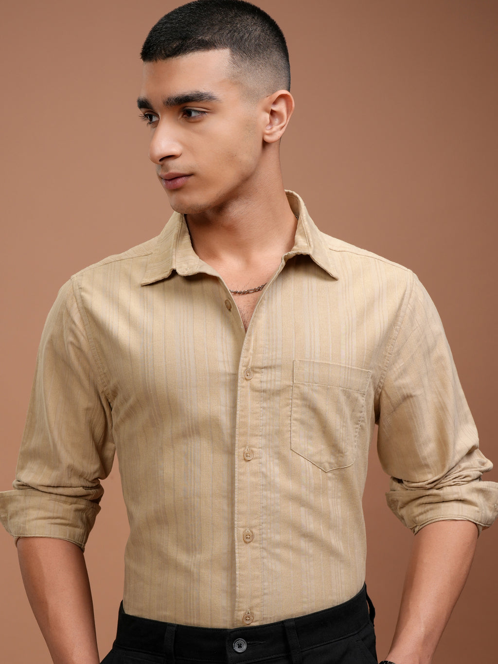 Highlander Men Beige Striped Slim Fit Casual Shirt - Beige - Image 1