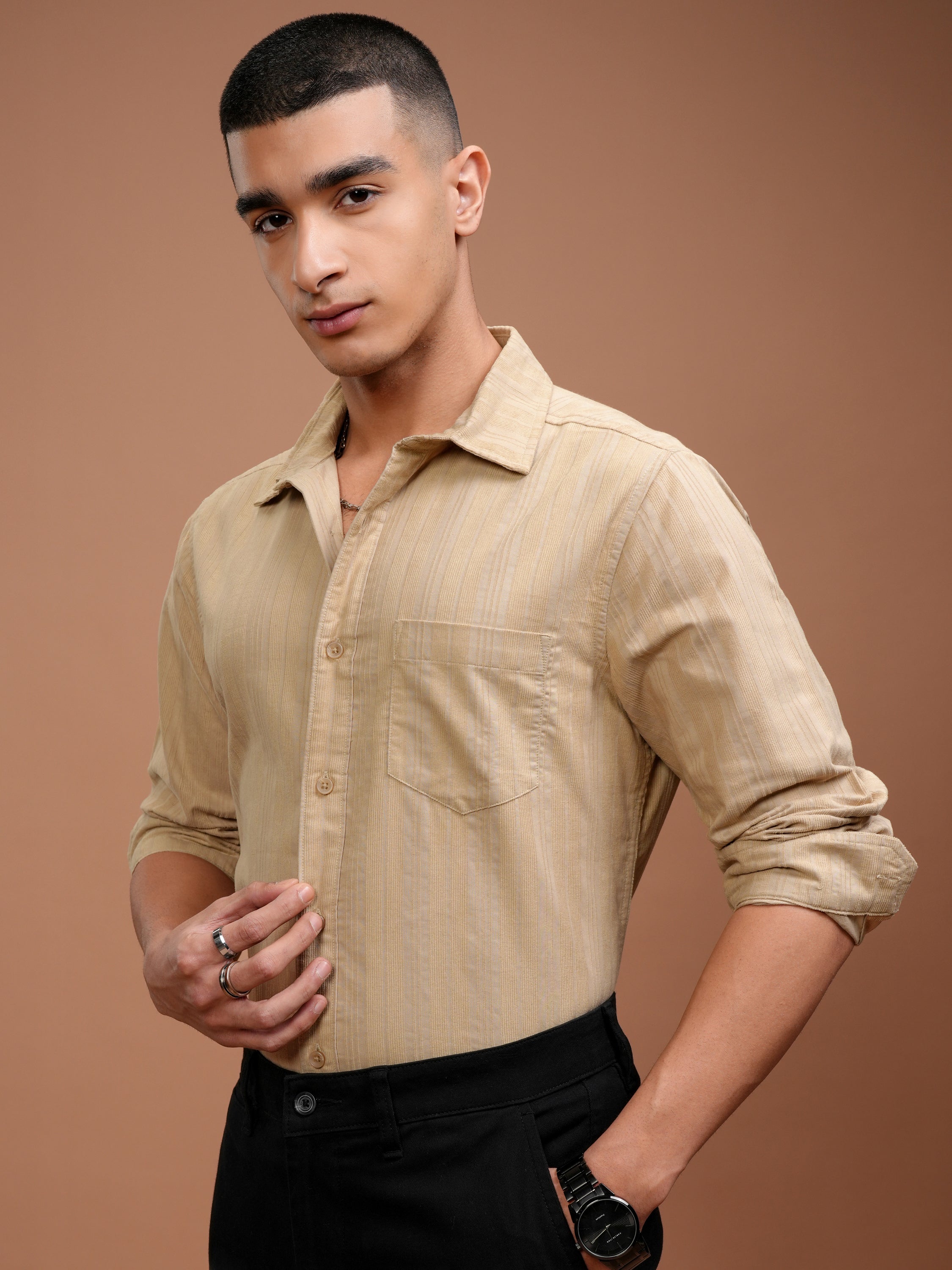 Highlander Men Beige Striped Slim Fit Casual Shirt - Beige - Image 4