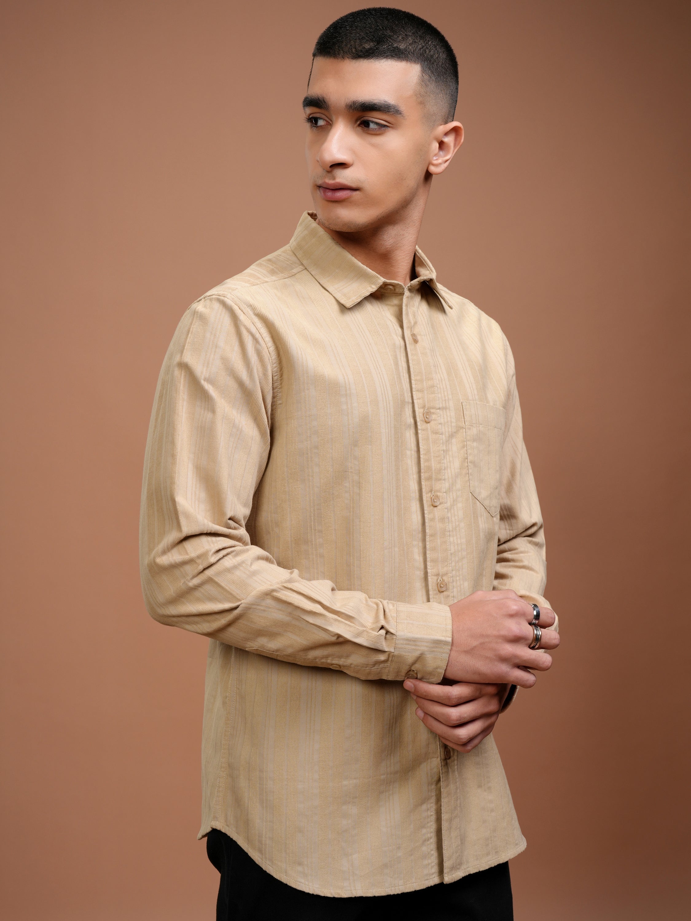 Highlander Men Beige Striped Slim Fit Casual Shirt - Beige - Image 6
