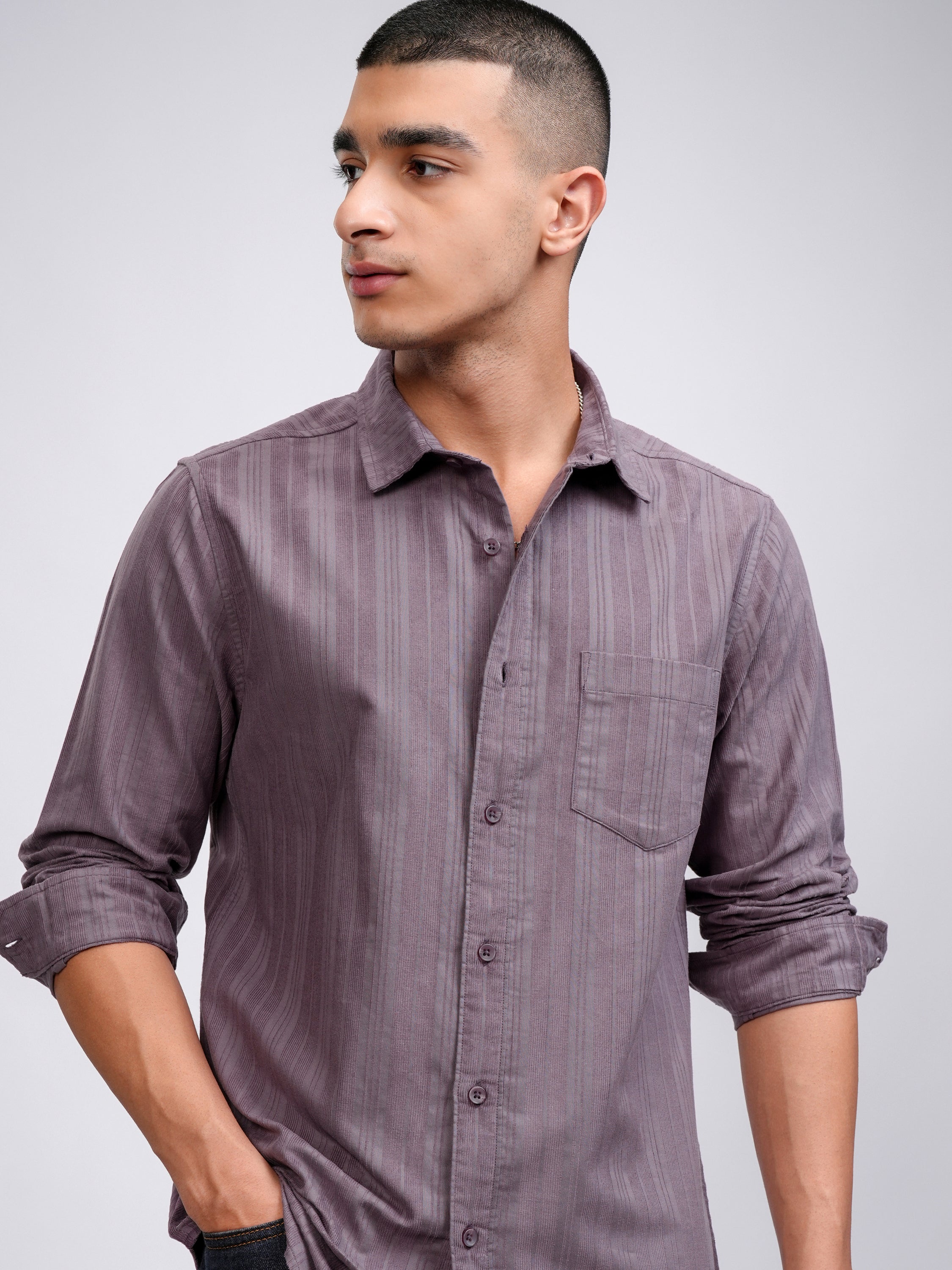 Highlander Men Mauve Striped Slim Fit Casual Shirt - Mauve - Image 1