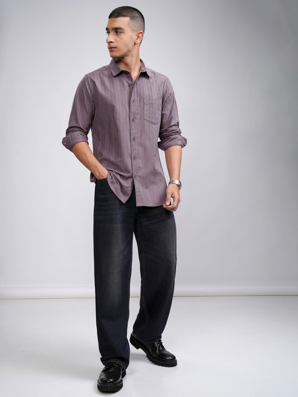 Highlander Men Mauve Striped Slim Fit Casual Shirt - Mauve - Image 2