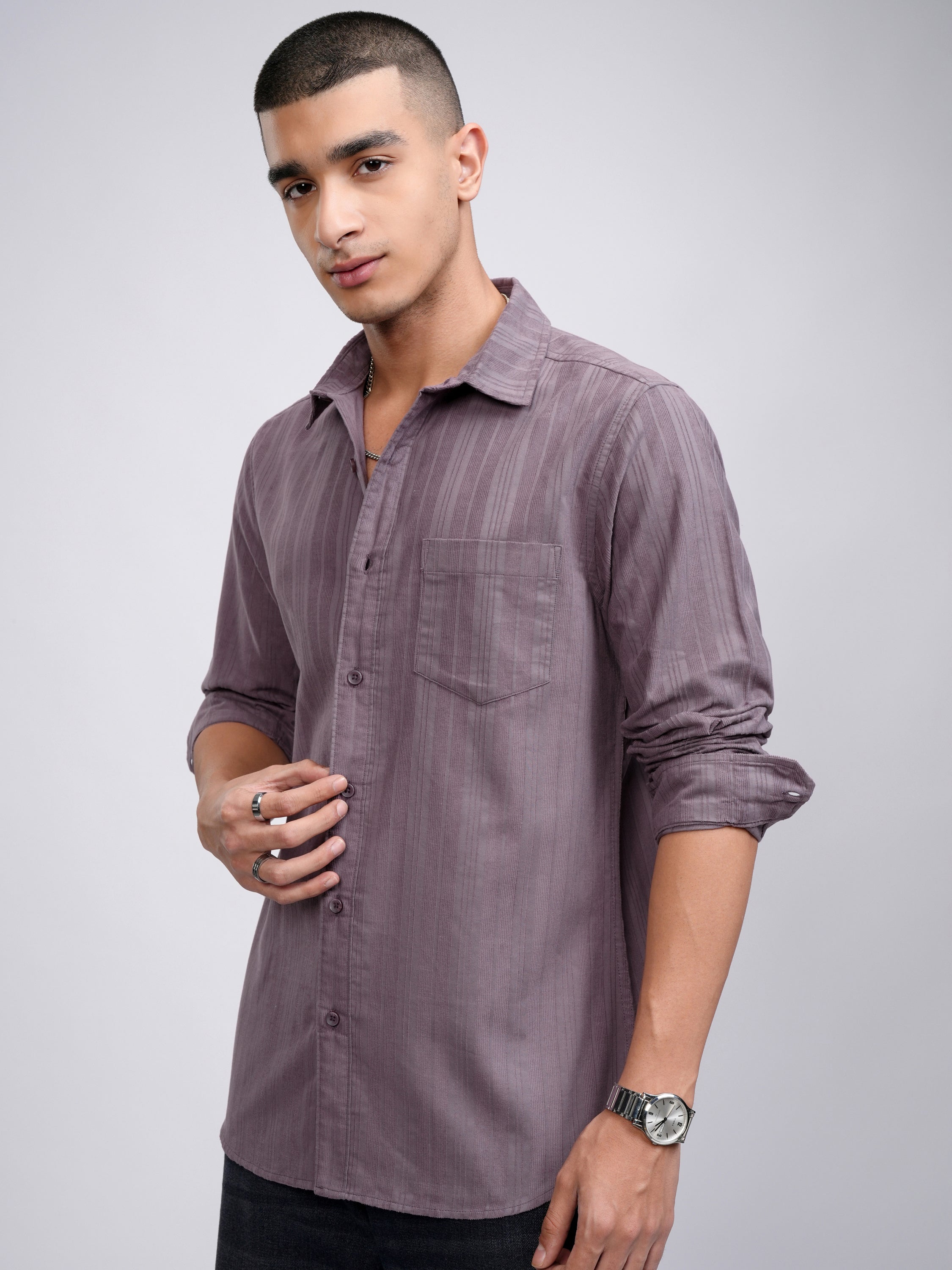Highlander Men Mauve Striped Slim Fit Casual Shirt - Mauve - Image 4