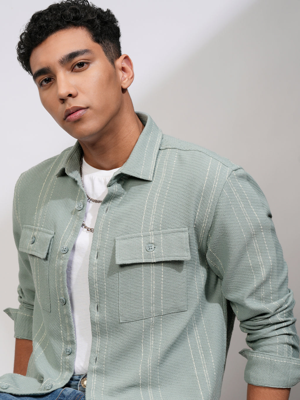 Highlander Men Sea Green Striped Relaxed Fit Casual Shirt - Green - Image 1