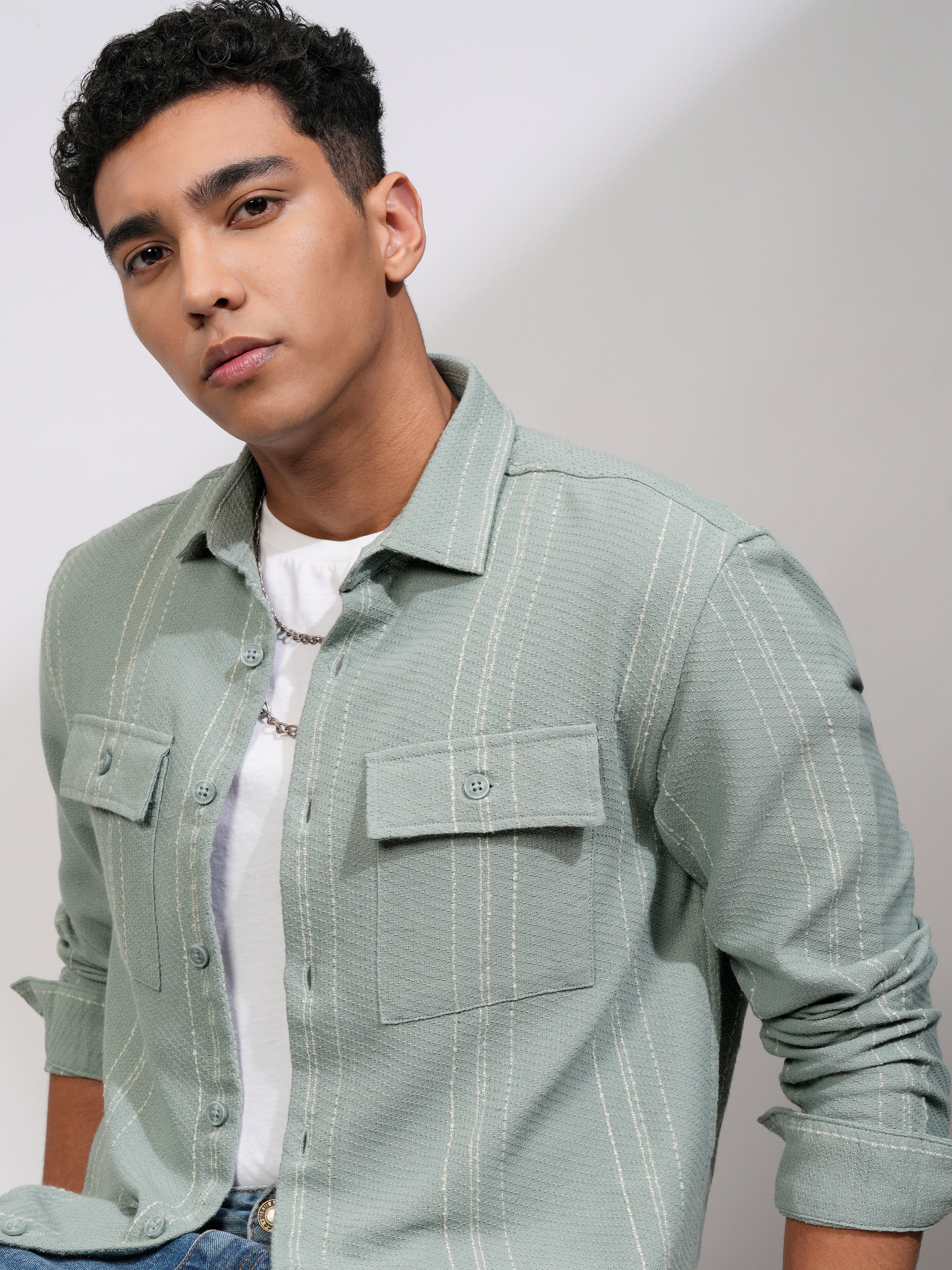 Highlander Men Sea Green Striped Relaxed Fit Casual Shirt - Green - Image 1