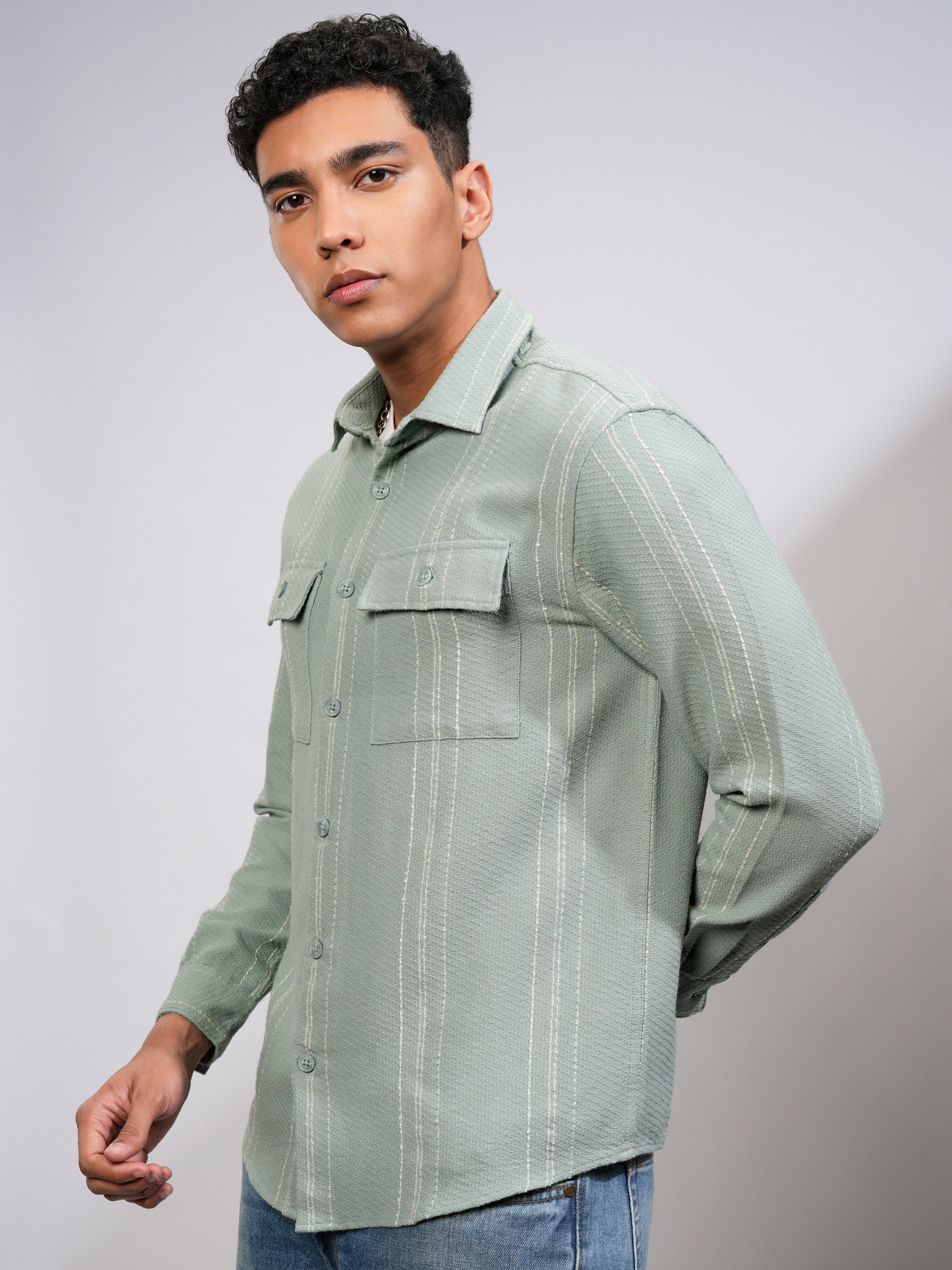 Highlander Men Sea Green Striped Relaxed Fit Casual Shirt - Green - Image 4