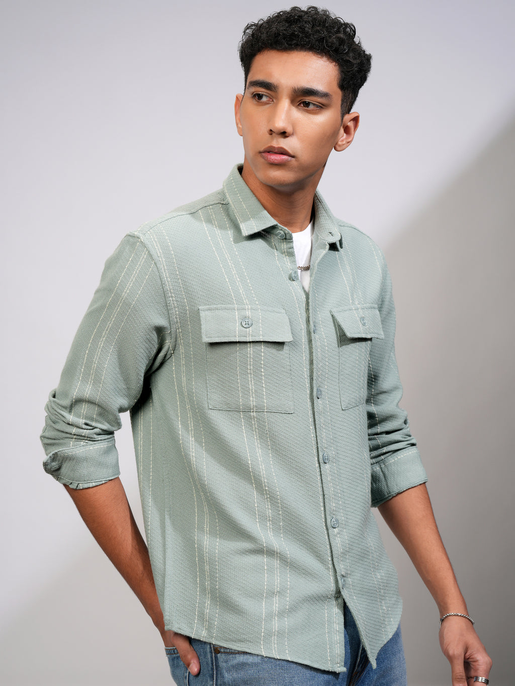 Highlander Men Sea Green Striped Relaxed Fit Casual Shirt - Green - Image 6