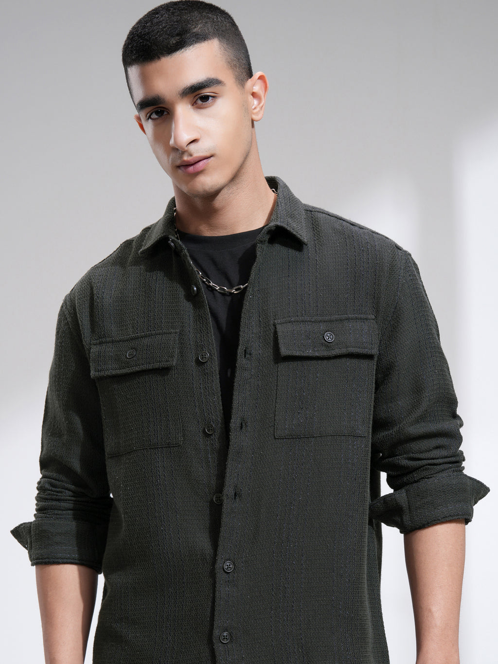 Highlander Men Olive Textured Relaxed Fit Casual Shirt - Olive - Image 1
