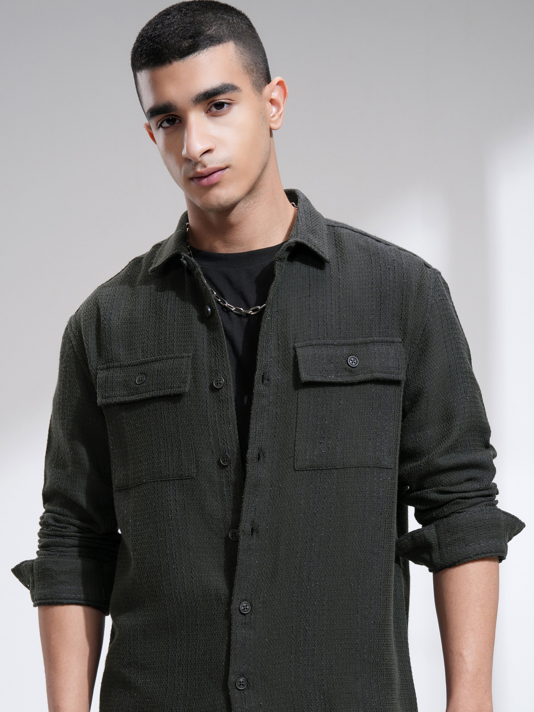 Highlander Men Olive Textured Relaxed Fit Casual Shirt - Olive - Image 1