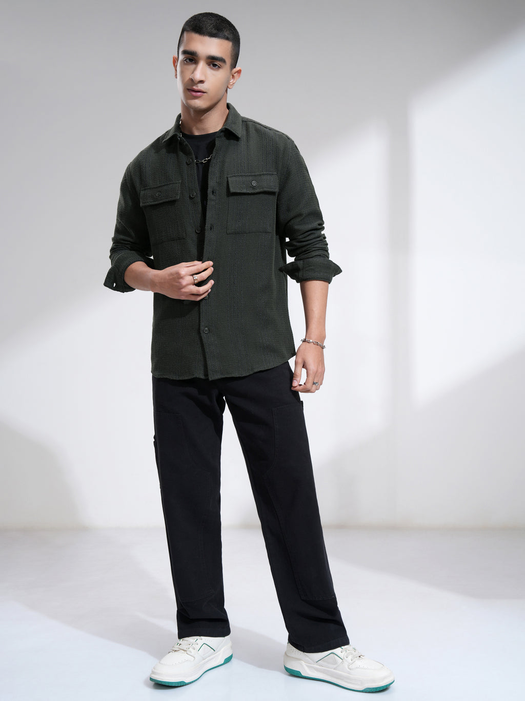 Highlander Men Olive Textured Relaxed Fit Casual Shirt - Olive - Image 2