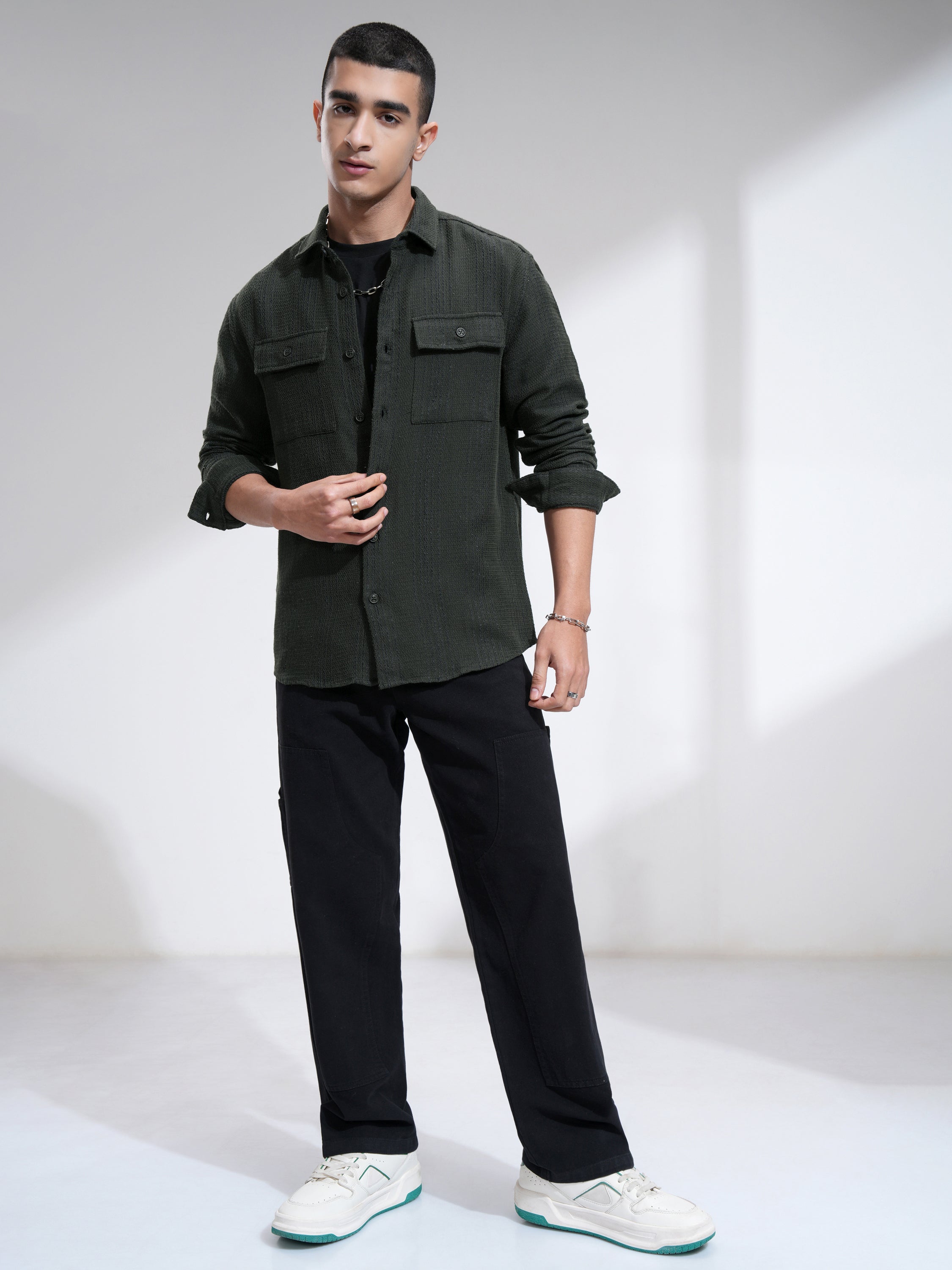 Highlander Men Olive Textured Relaxed Fit Casual Shirt - Olive - Image 2