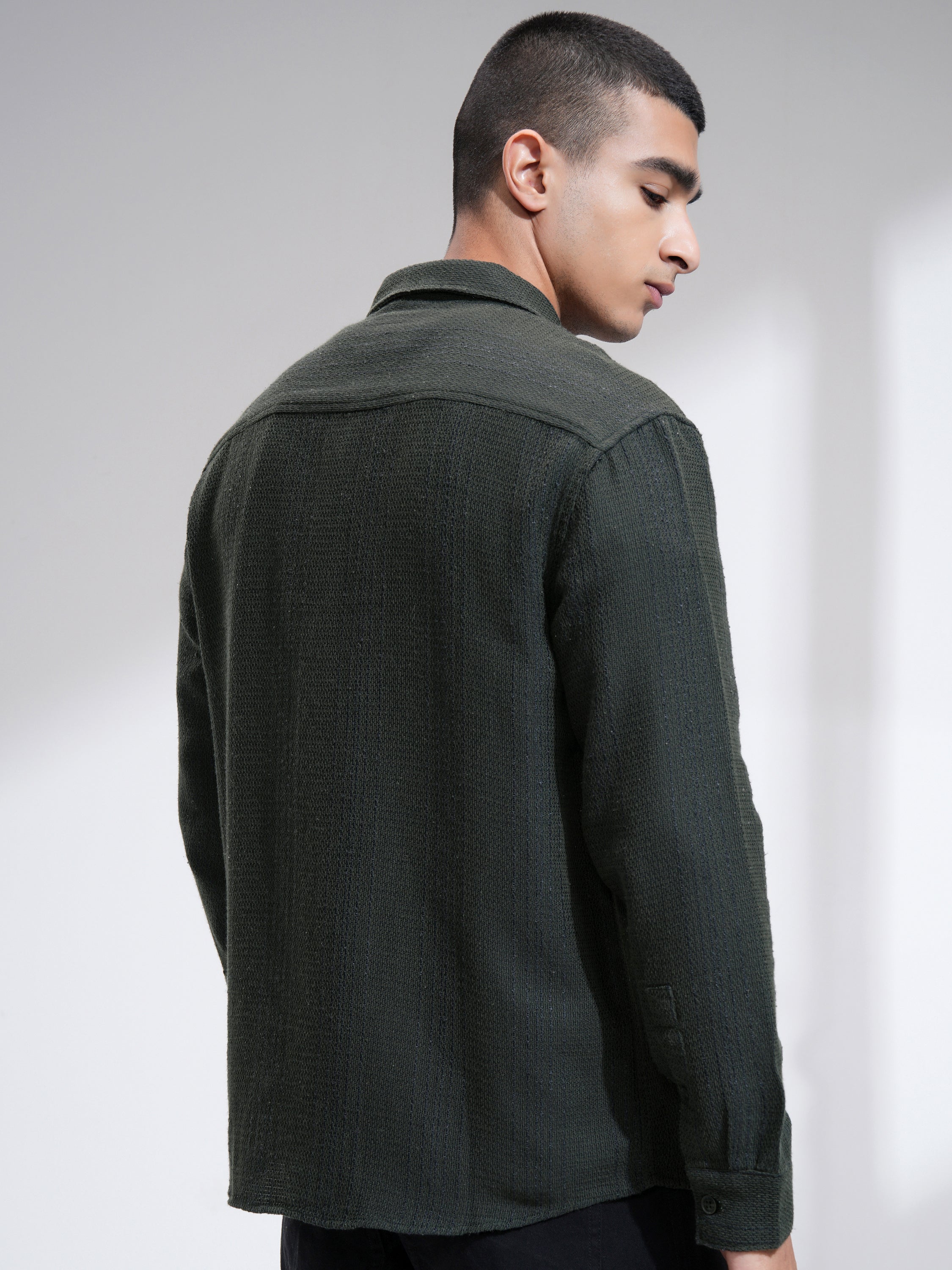 Highlander Men Olive Textured Relaxed Fit Casual Shirt - Olive - Image 3
