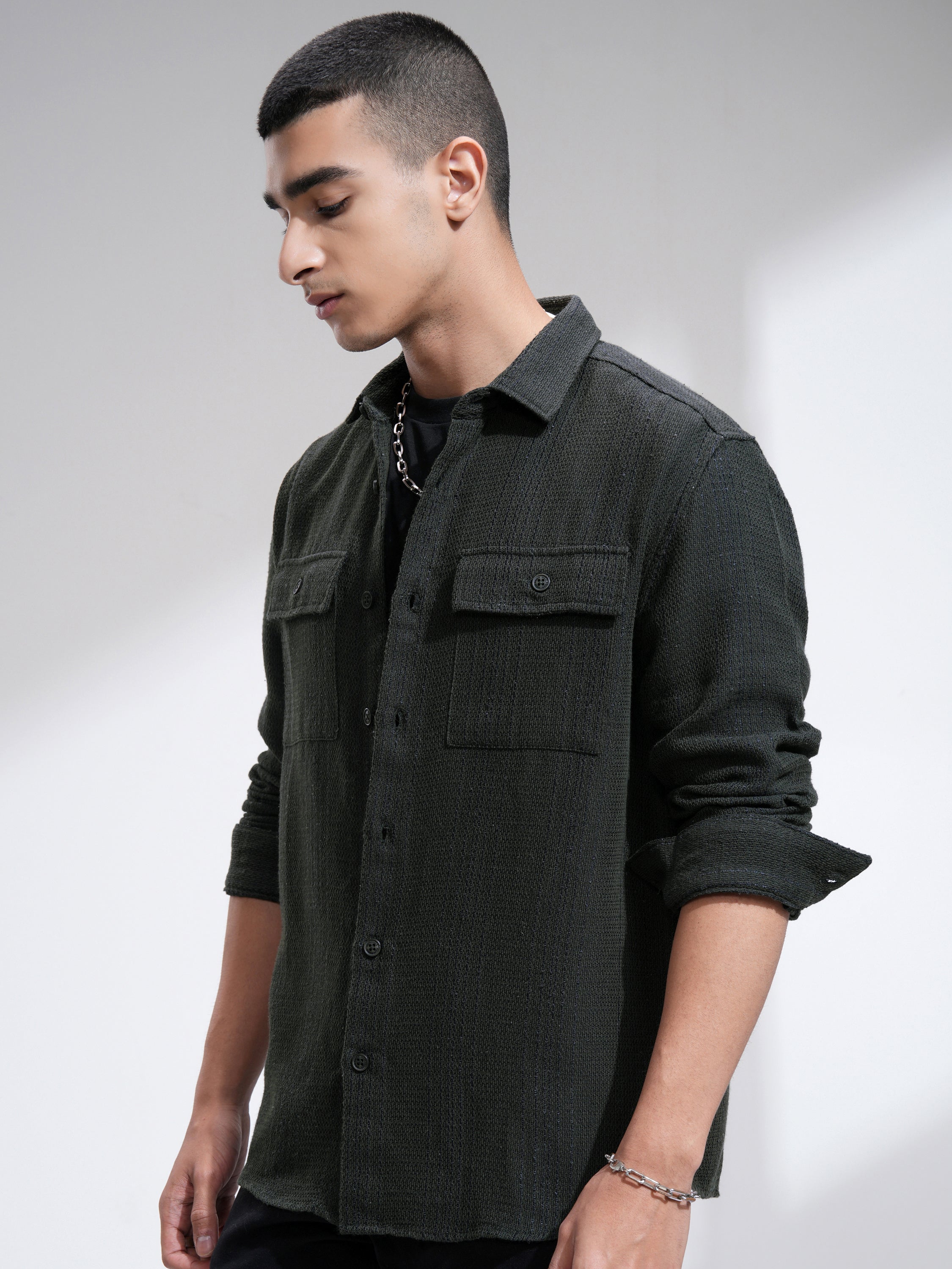 Highlander Men Olive Textured Relaxed Fit Casual Shirt - Olive - Image 4