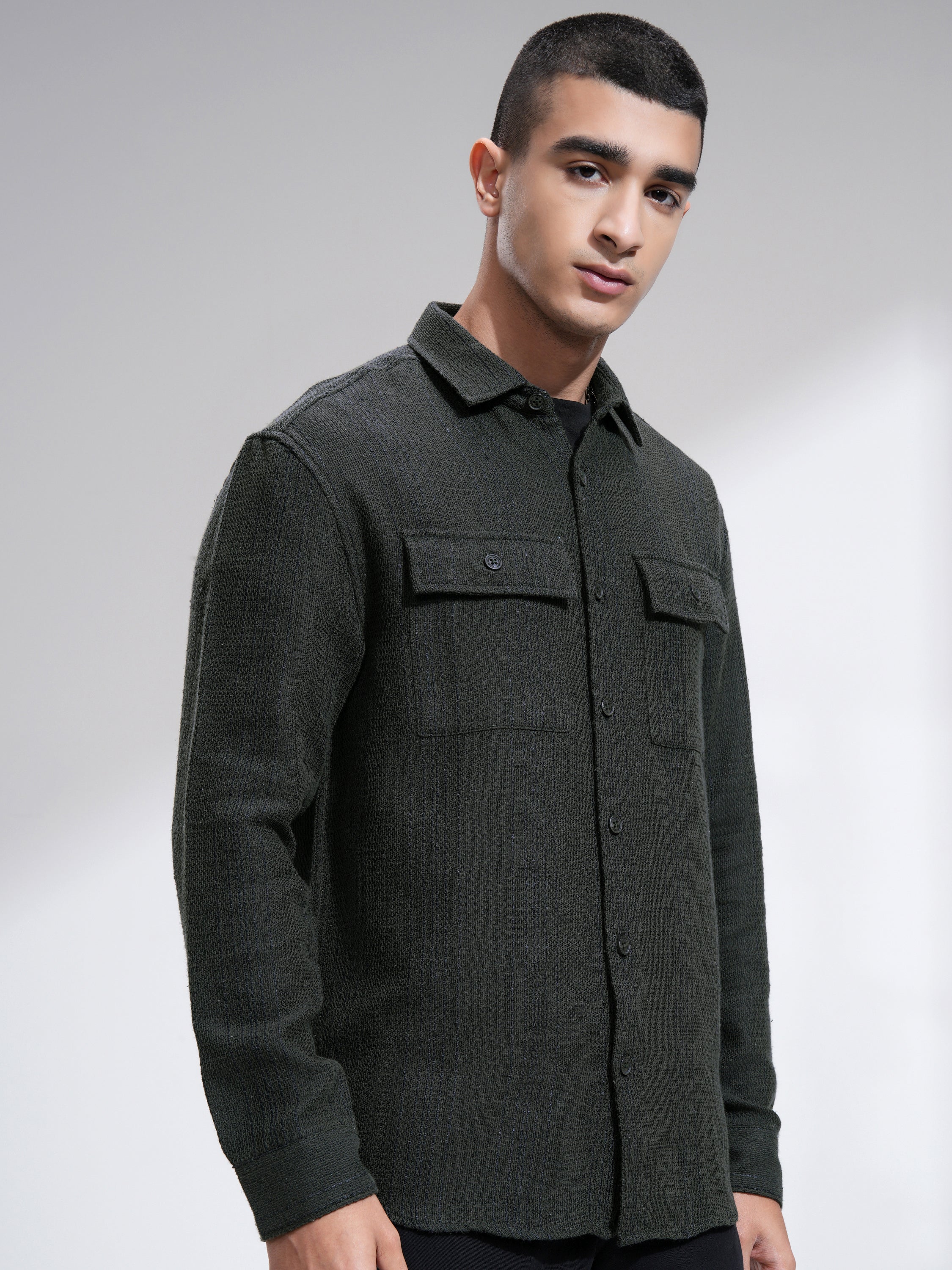 Highlander Men Olive Textured Relaxed Fit Casual Shirt - Olive - Image 6