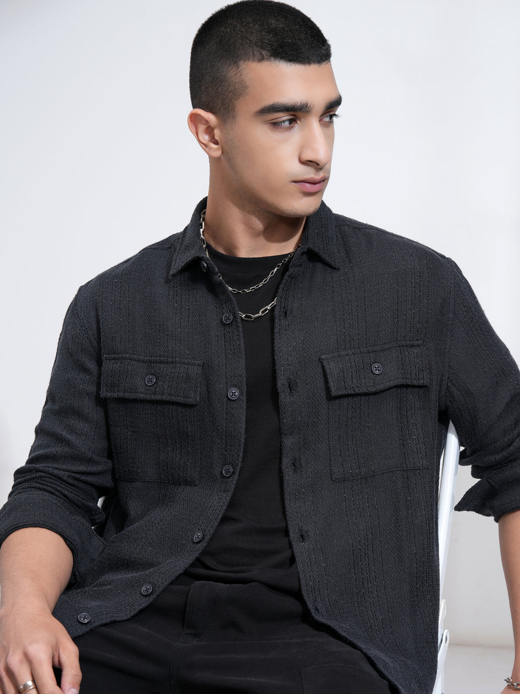 Highlander Men Navy Blue Textured Relaxed Fit Casual Shirt - Navy Blue - Image 1