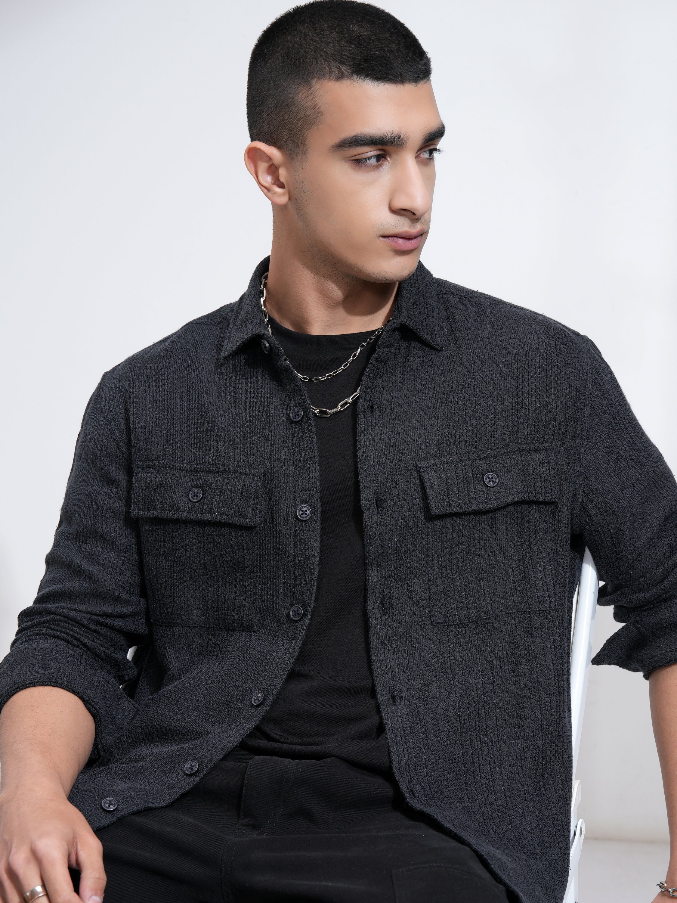 Highlander Men Navy Blue Textured Relaxed Fit Casual Shirt - Navy Blue - Image 1