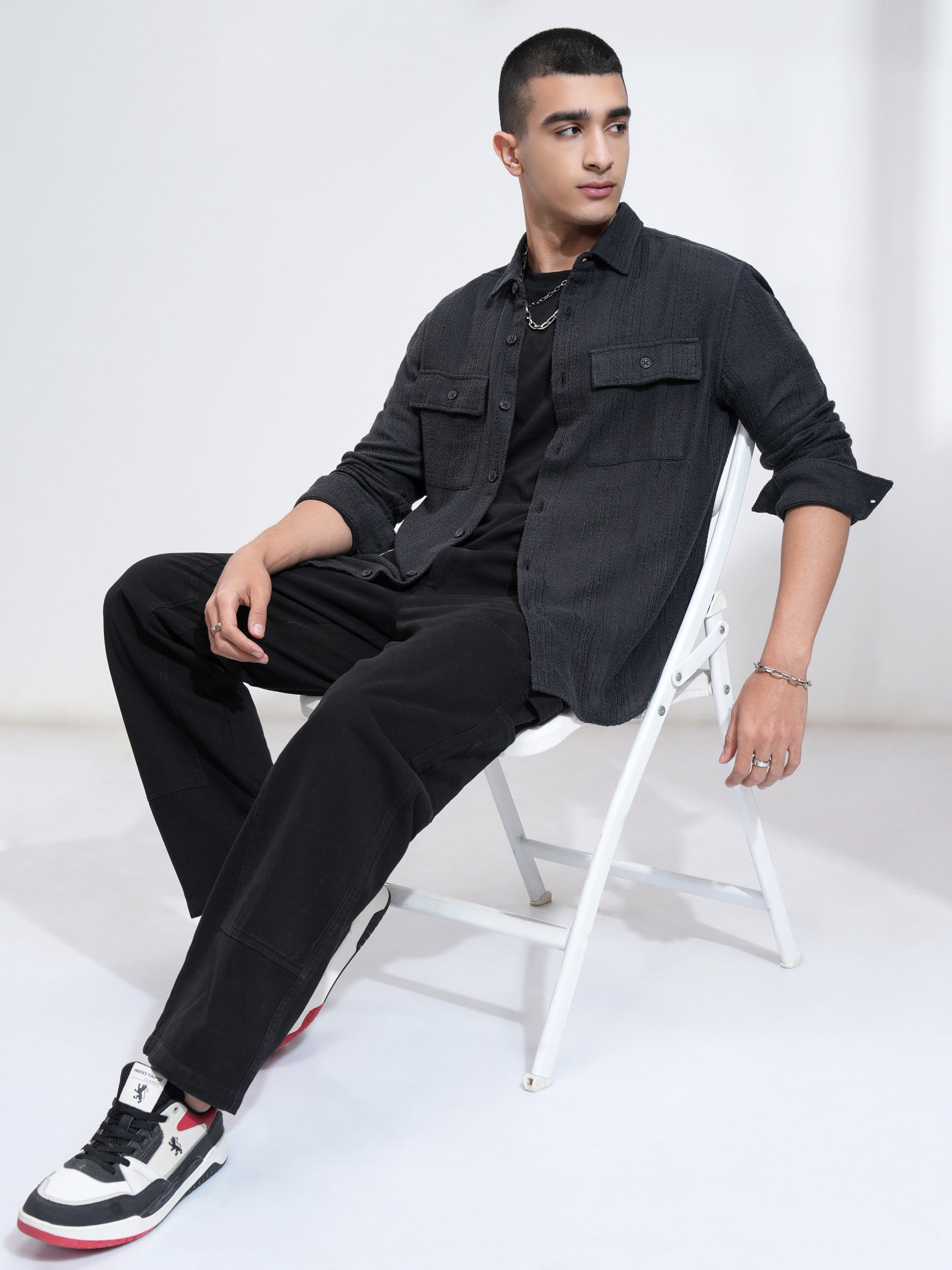 Highlander Men Navy Blue Textured Relaxed Fit Casual Shirt - Navy Blue - Image 2