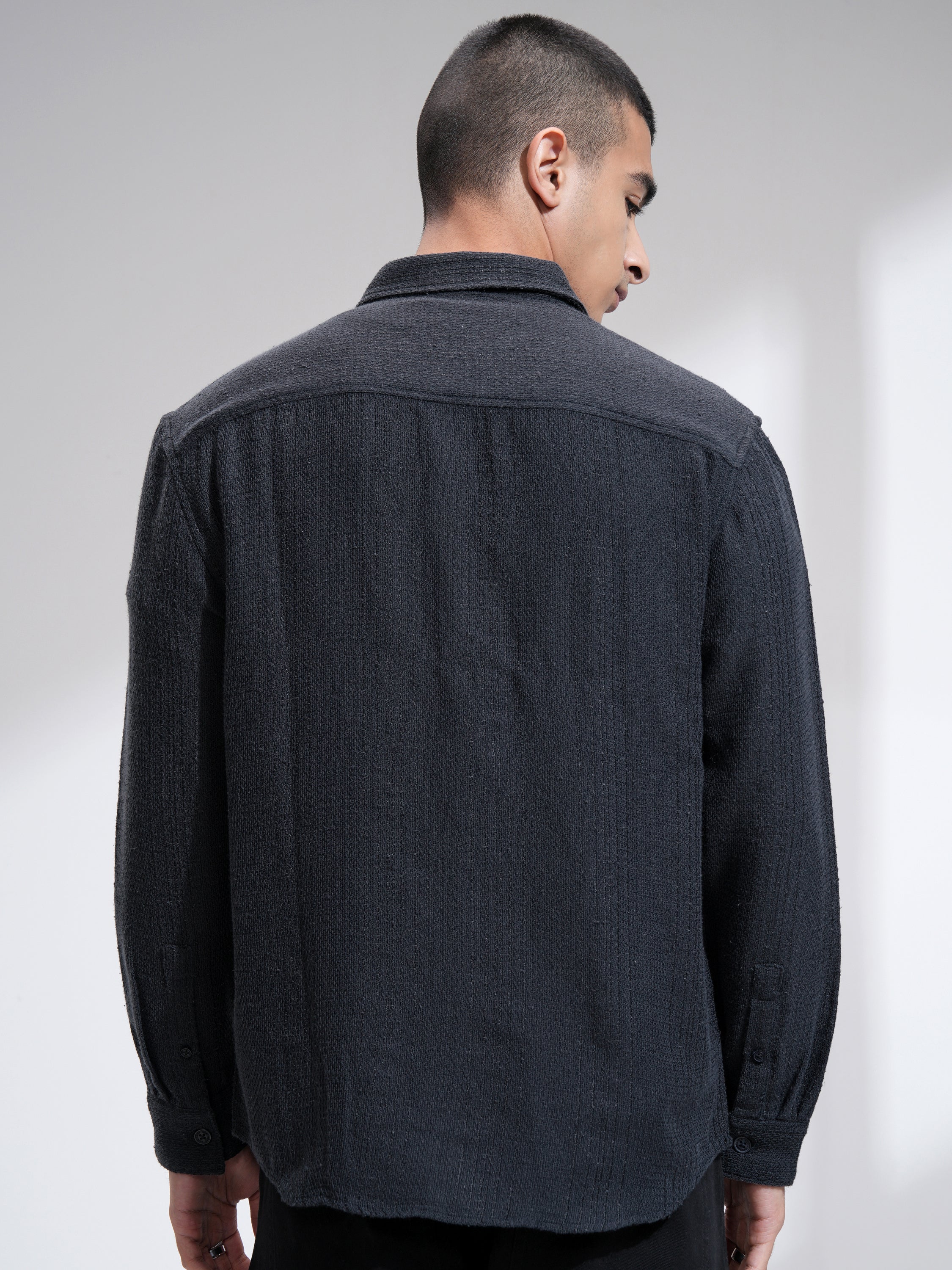 Highlander Men Navy Blue Textured Relaxed Fit Casual Shirt - Navy Blue - Image 3