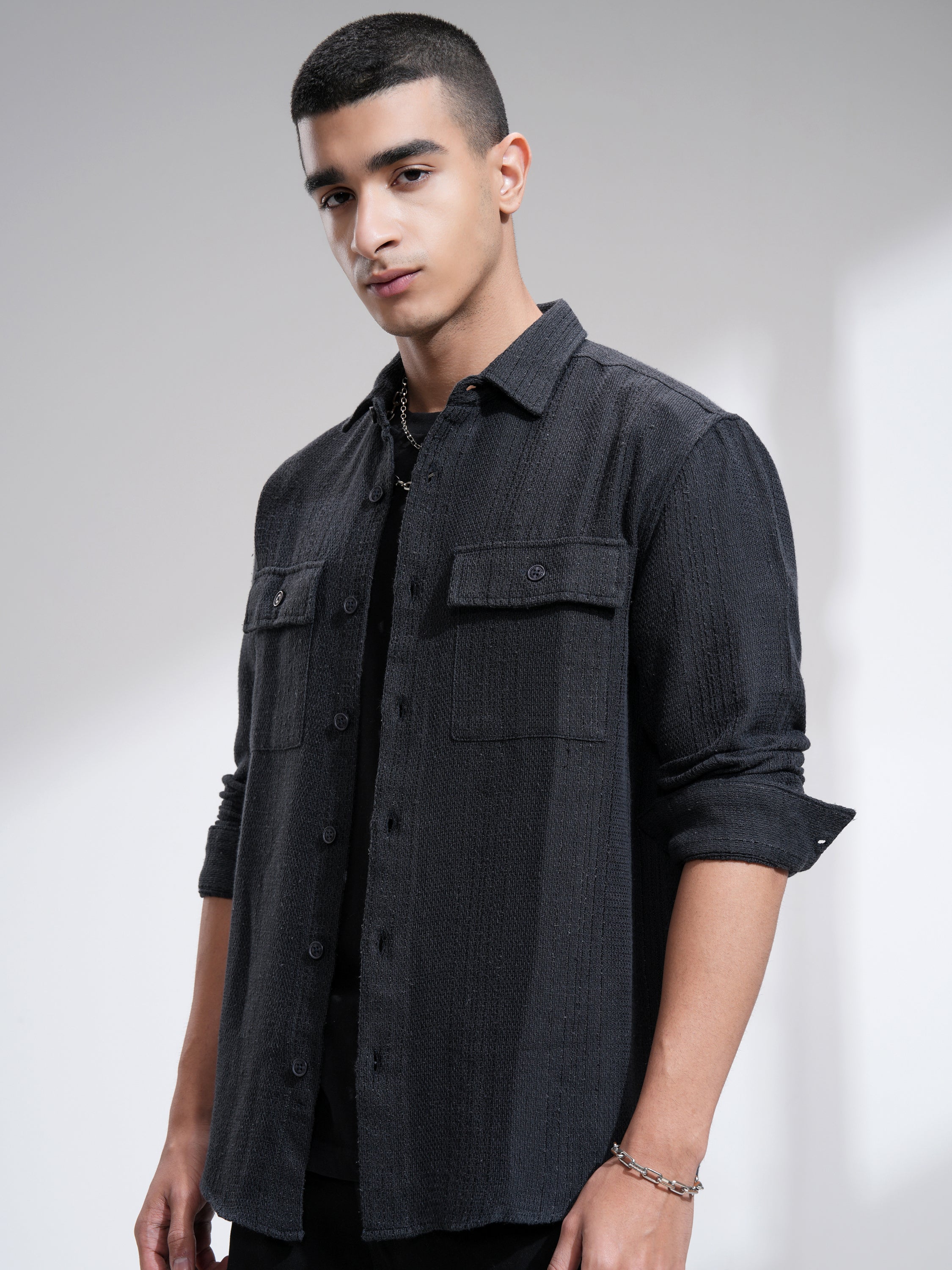 Highlander Men Navy Blue Textured Relaxed Fit Casual Shirt - Navy Blue - Image 4