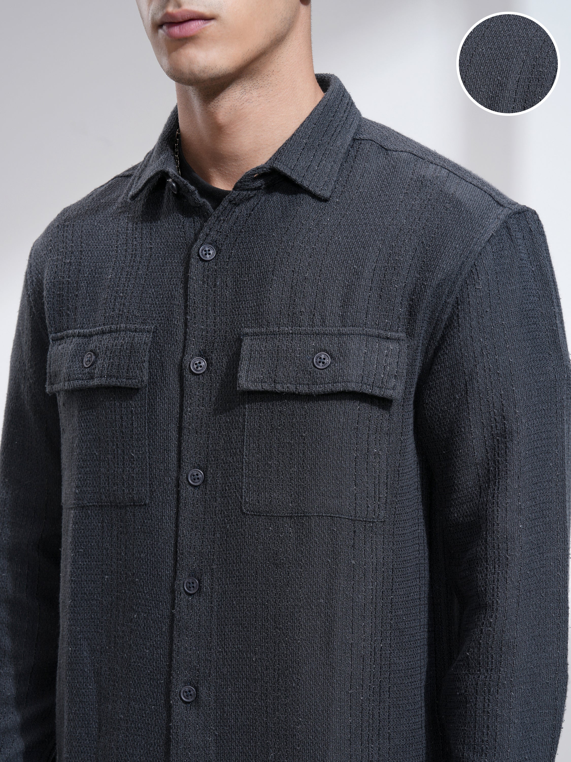 Highlander Men Navy Blue Textured Relaxed Fit Casual Shirt - Navy Blue - Image 5
