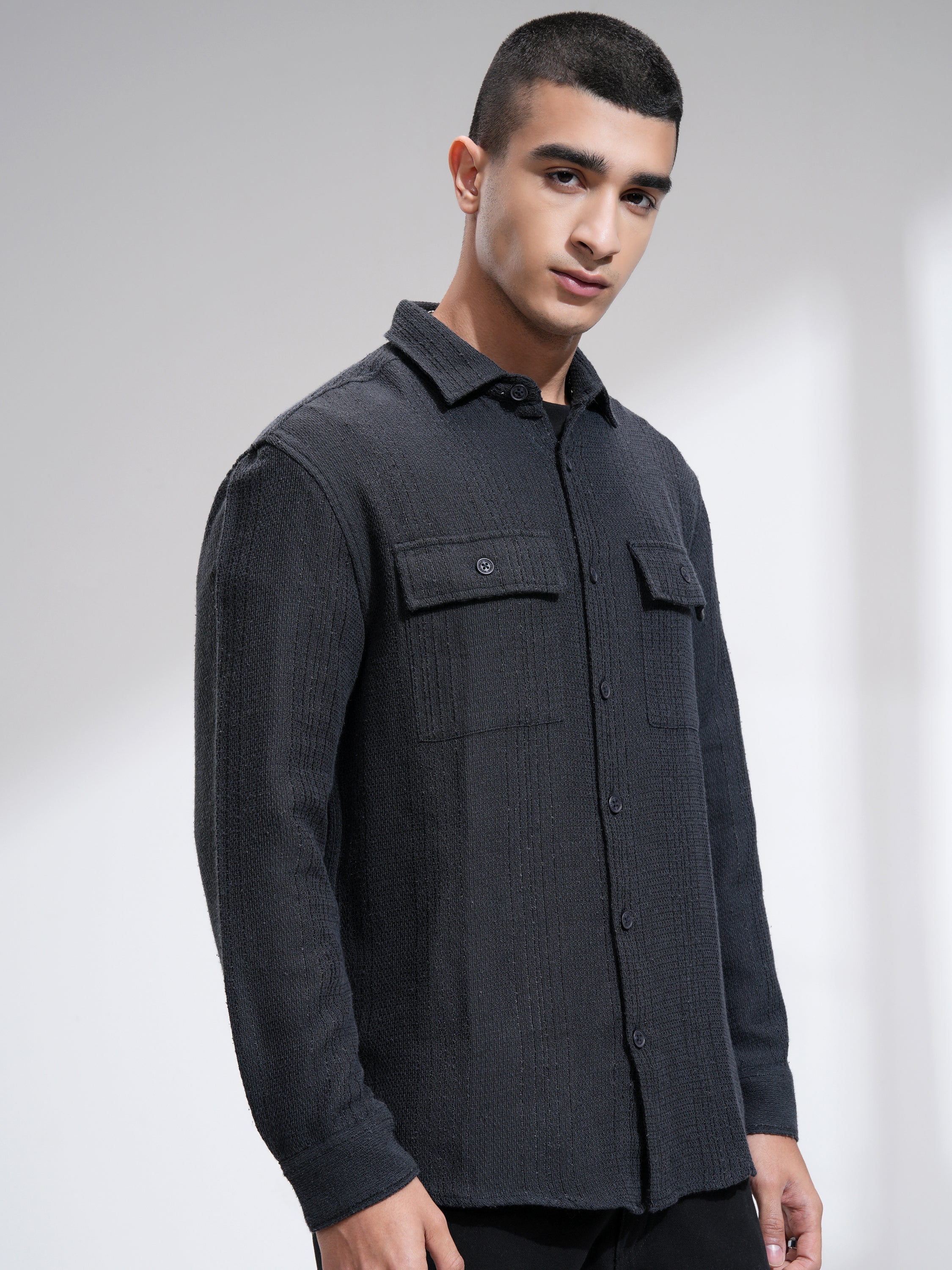 Highlander Men Navy Blue Textured Relaxed Fit Casual Shirt - Navy Blue - Image 6