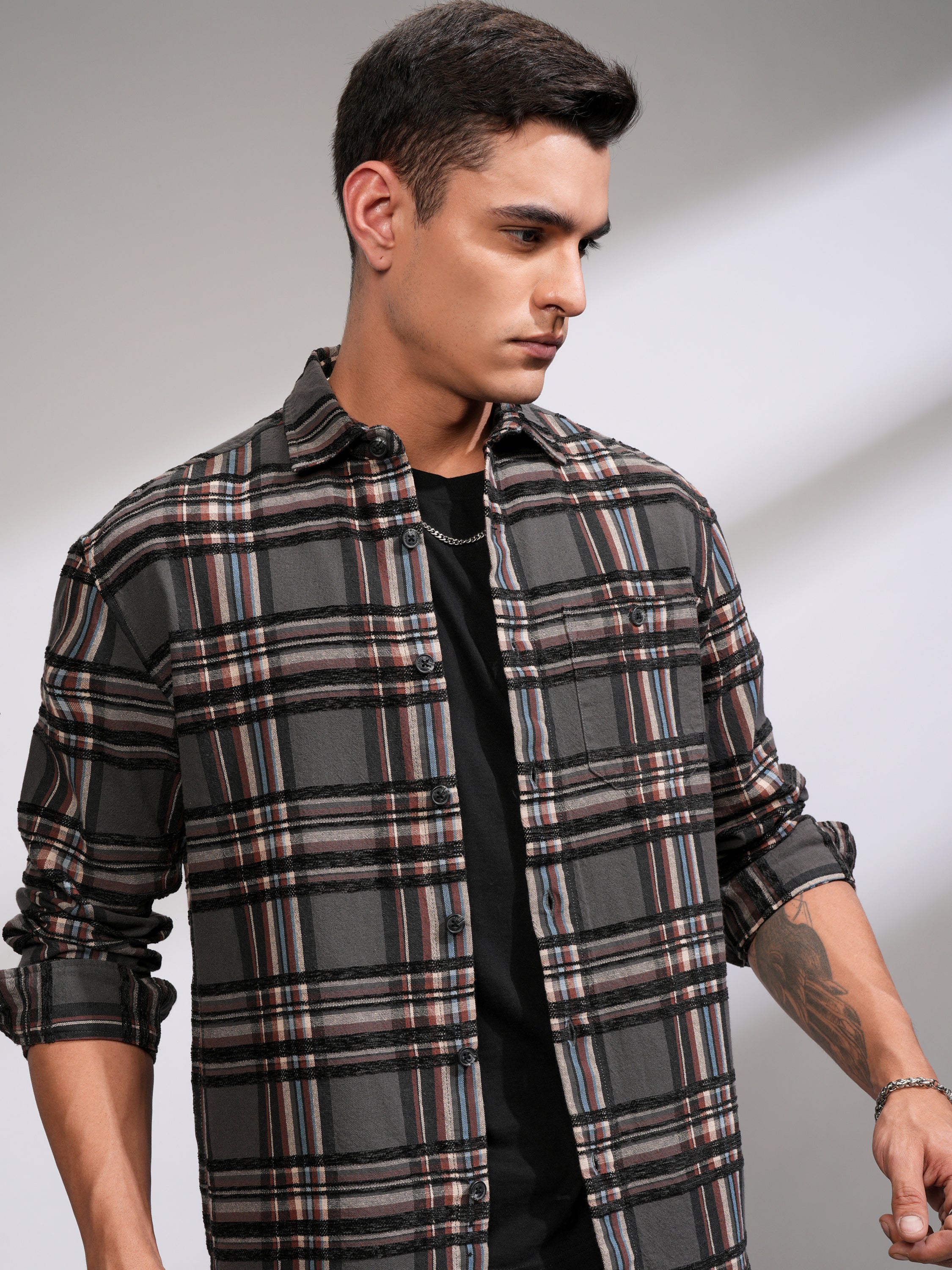Highlander Men Grey Checked Relaxed Fit Casual Shirt - Grey - Image 1