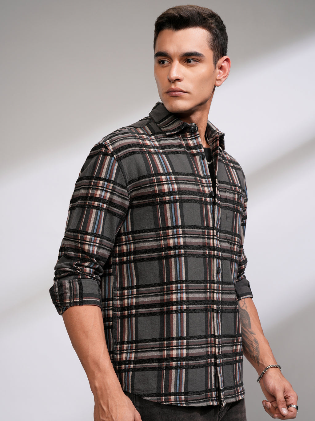 Highlander Men Grey Checked Relaxed Fit Casual Shirt - Grey - Image 6