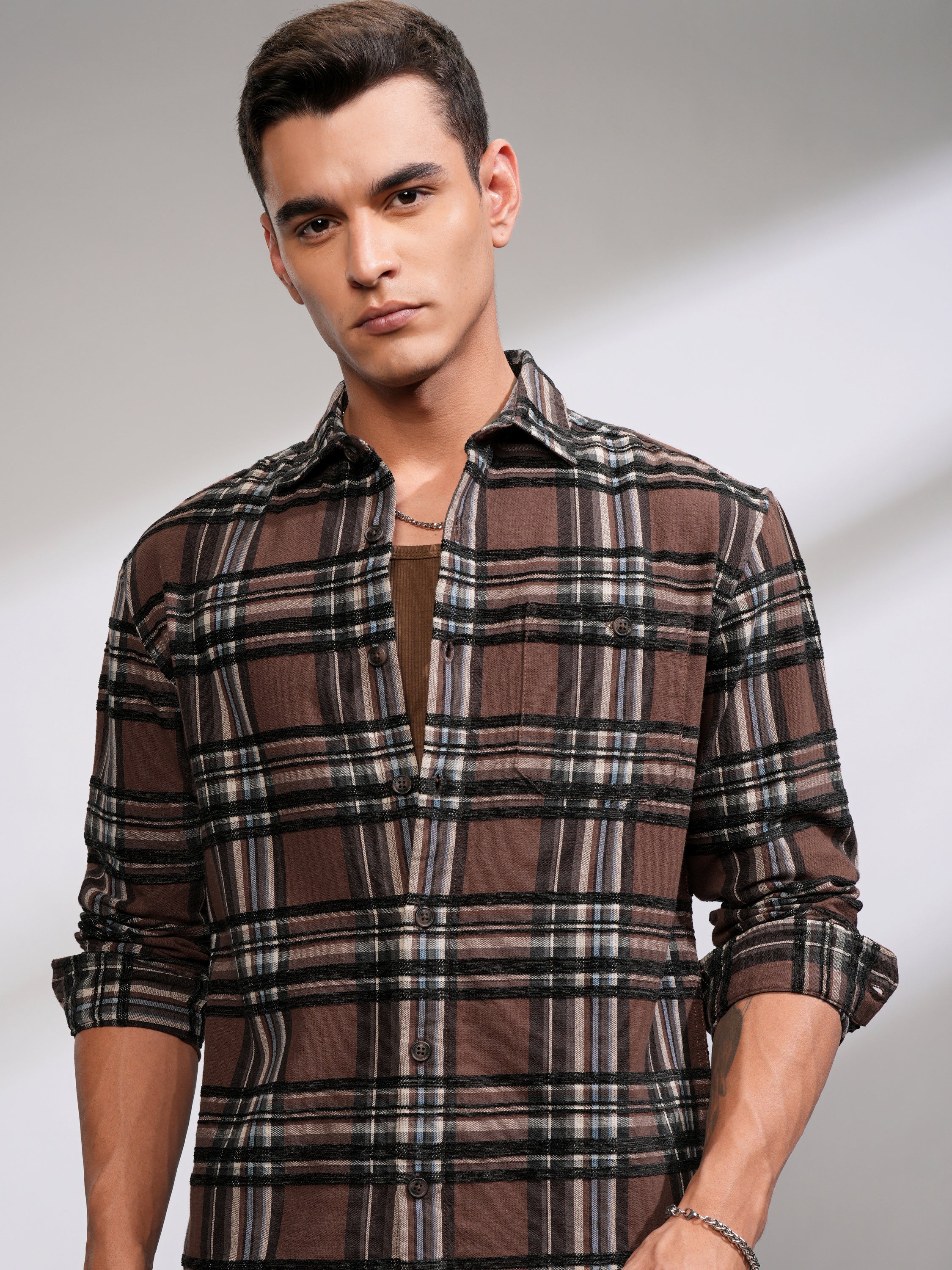 Highlander Men Rust Checked Relaxed Fit Casual Shirt - Rust - Image 1