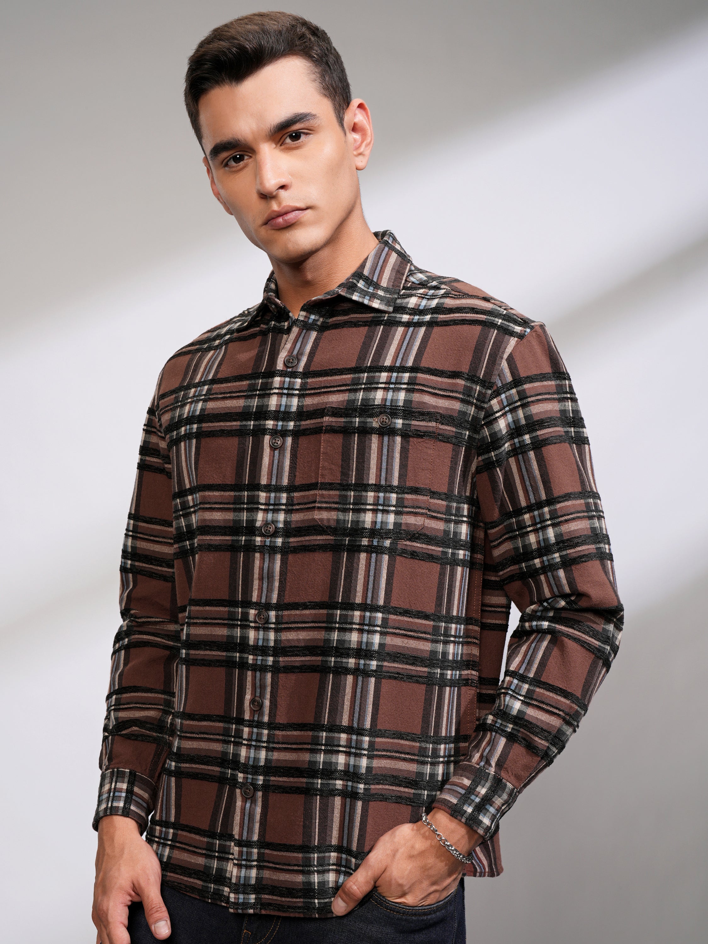 Highlander Men Rust Checked Relaxed Fit Casual Shirt - Rust - Image 4