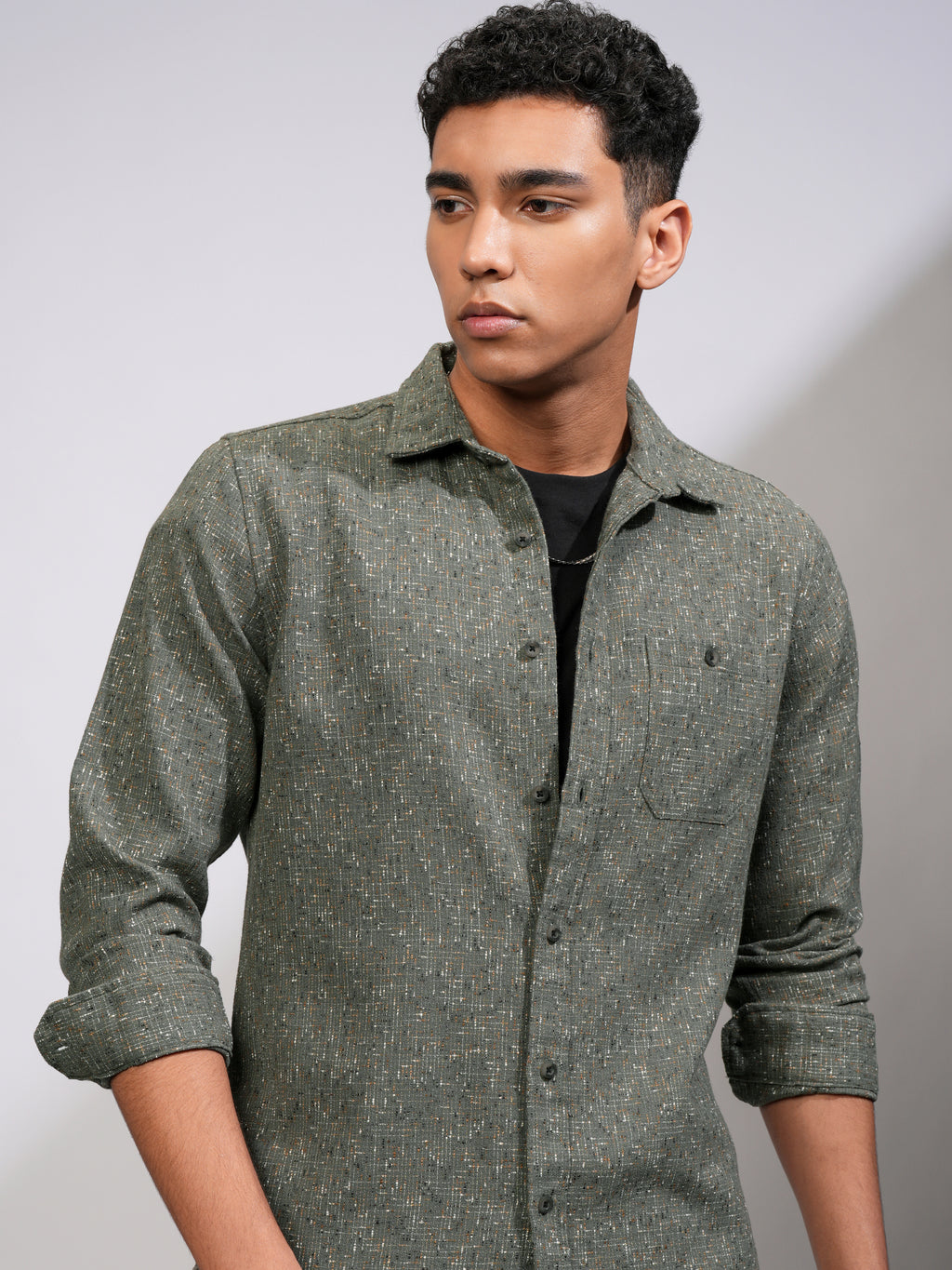 Highlander Men Olive Self Design Slim Fit Casual Shirt - Olive - Image 1