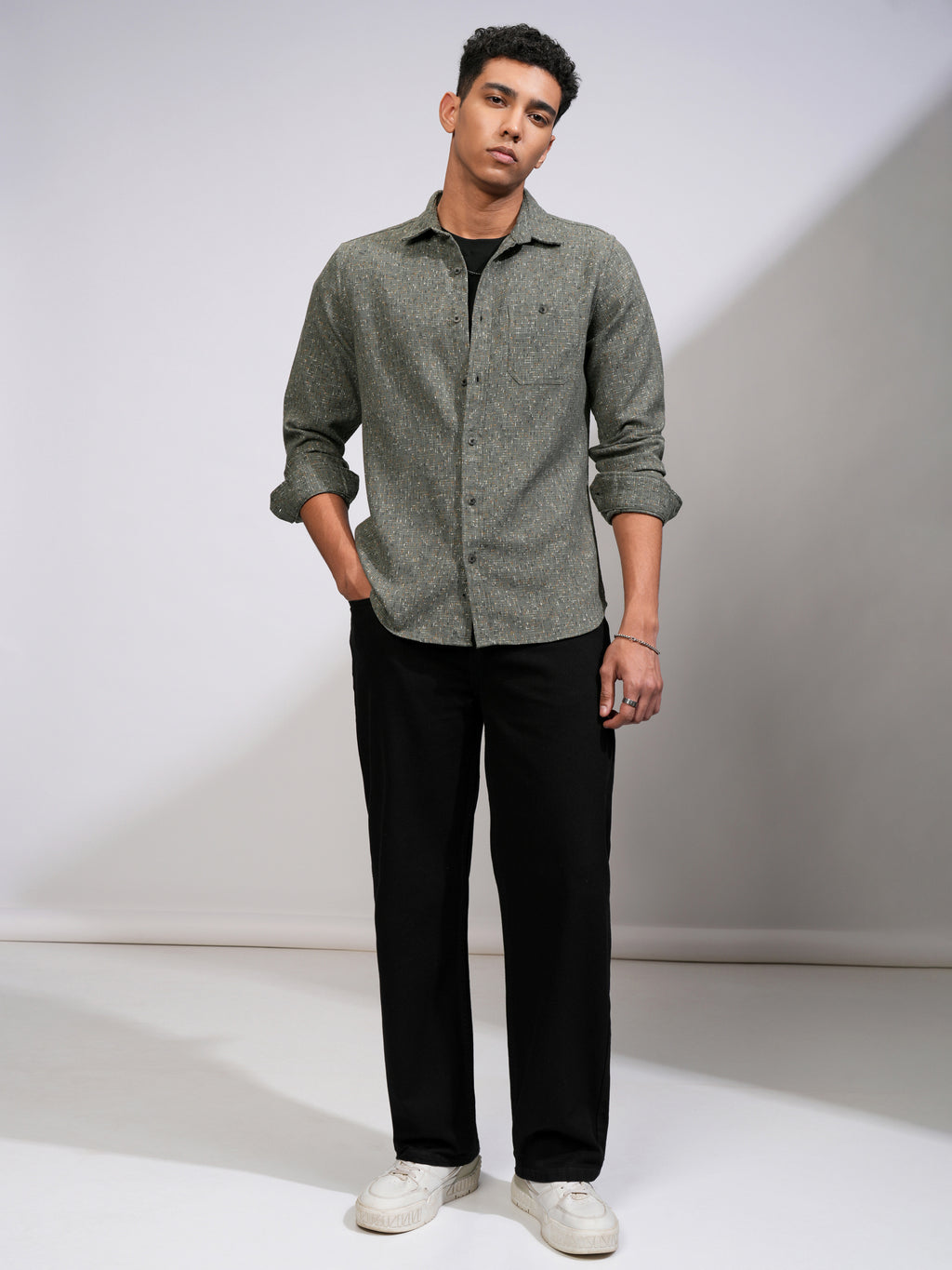 Highlander Men Olive Self Design Slim Fit Casual Shirt - Olive - Image 2