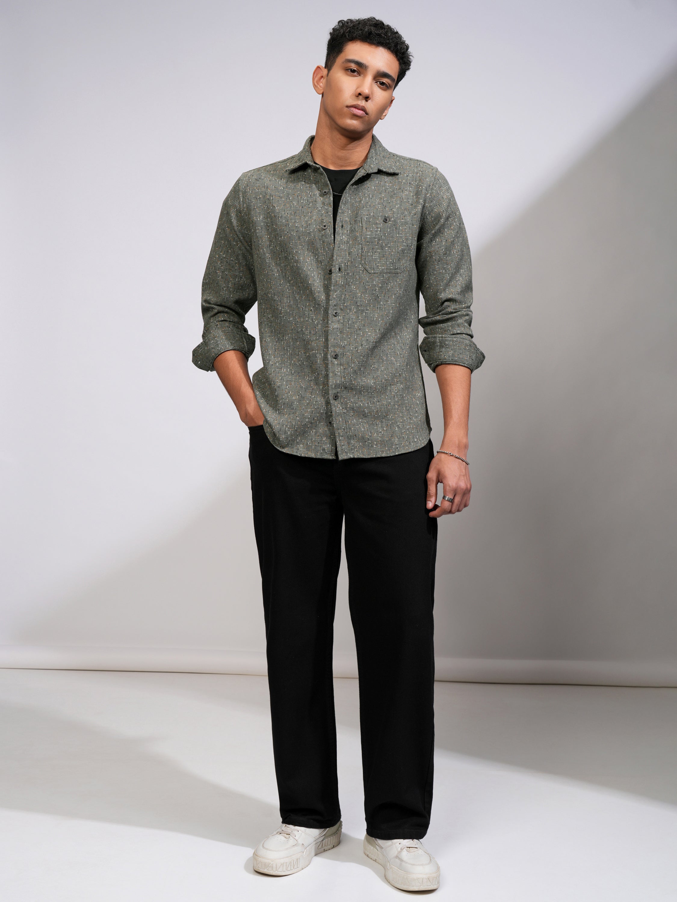 Highlander Men Olive Self Design Slim Fit Casual Shirt - Olive - Image 2
