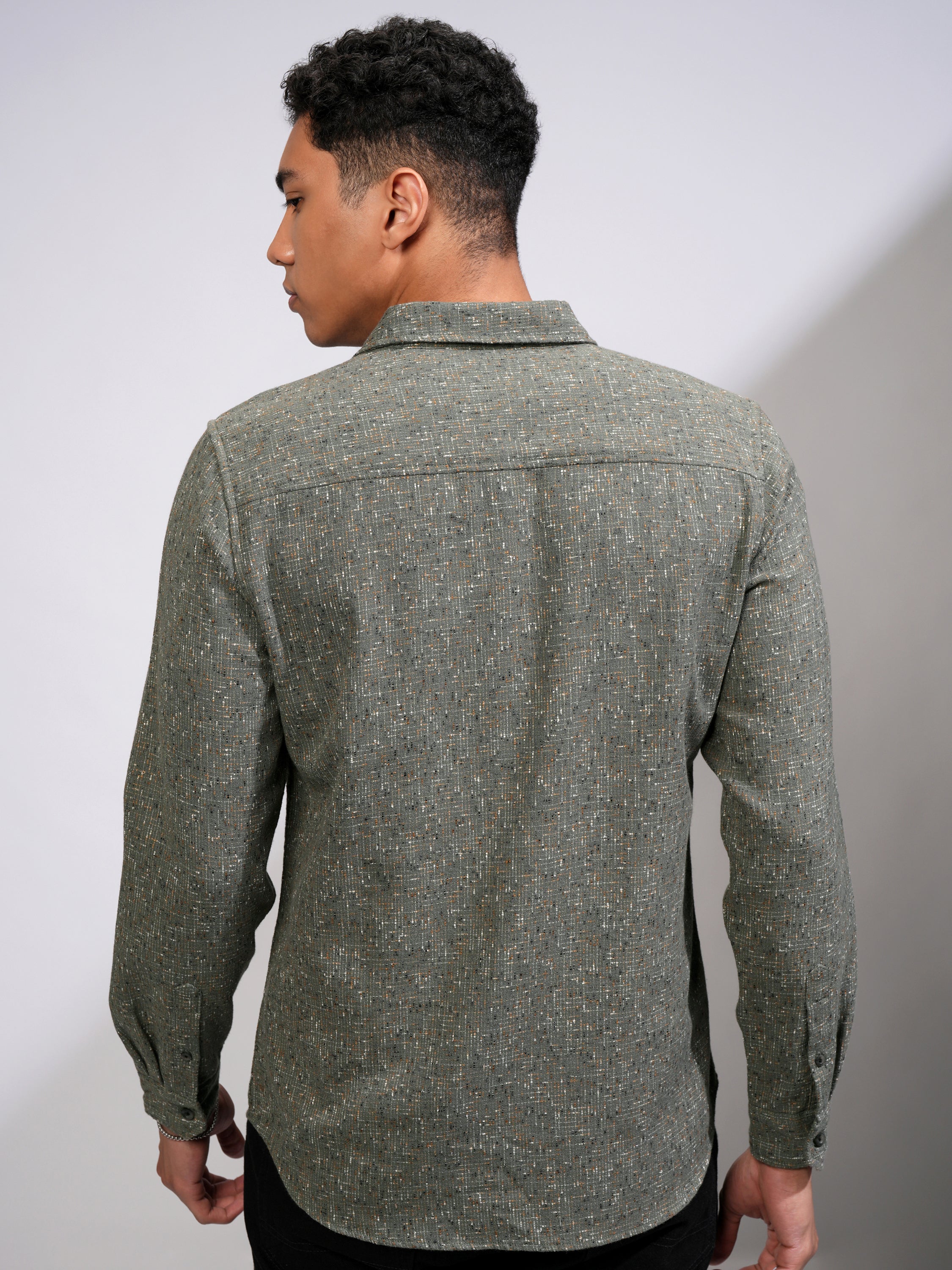 Highlander Men Olive Self Design Slim Fit Casual Shirt - Olive - Image 3