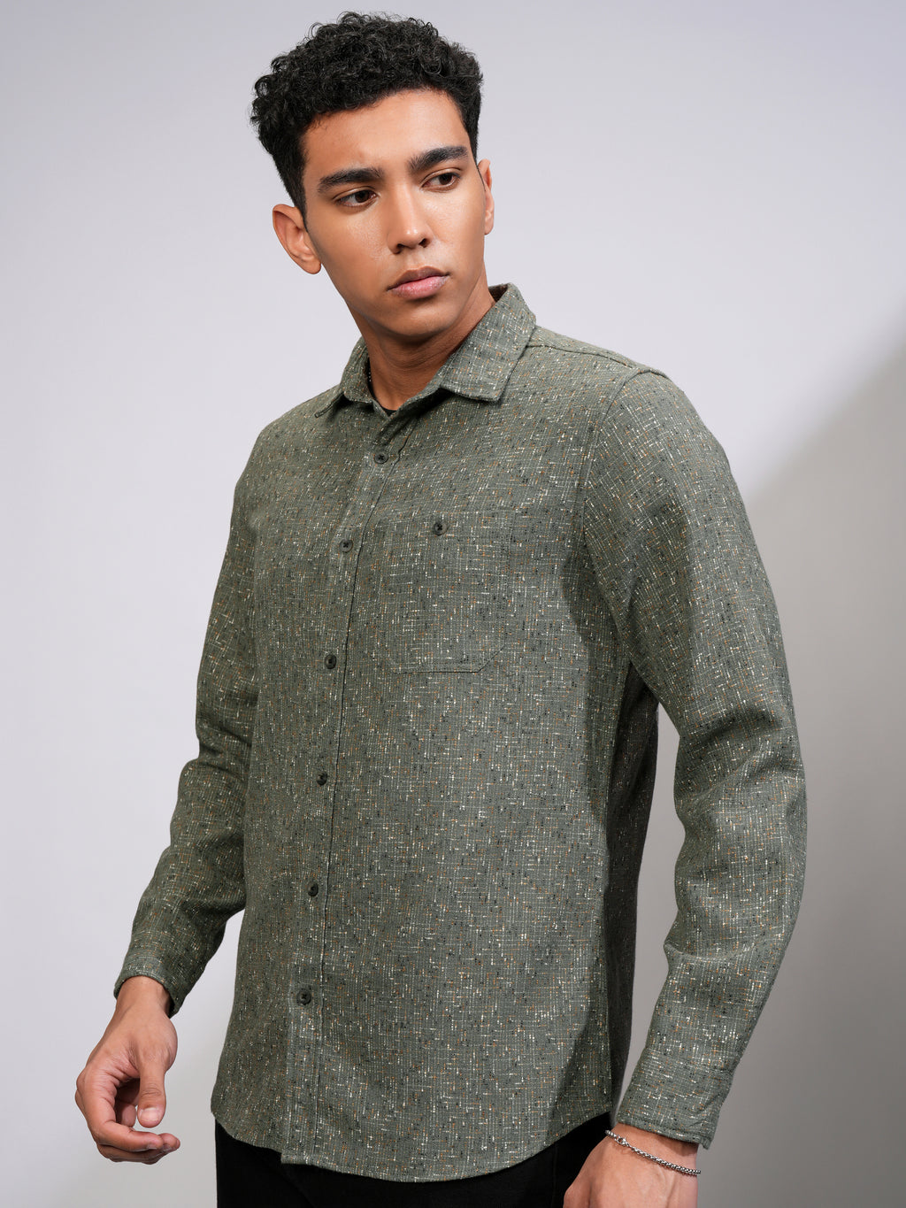Highlander Men Olive Self Design Slim Fit Casual Shirt - Olive - Image 4