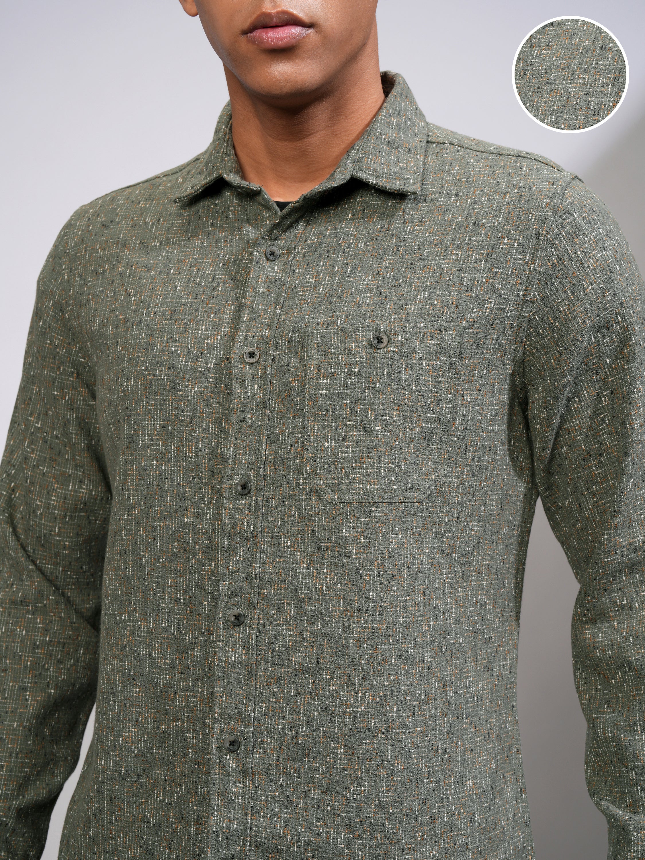 Highlander Men Olive Self Design Slim Fit Casual Shirt - Olive - Image 5