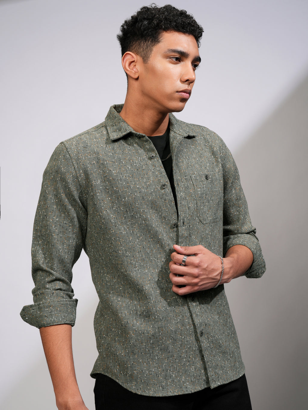 Highlander Men Olive Self Design Slim Fit Casual Shirt - Olive - Image 6
