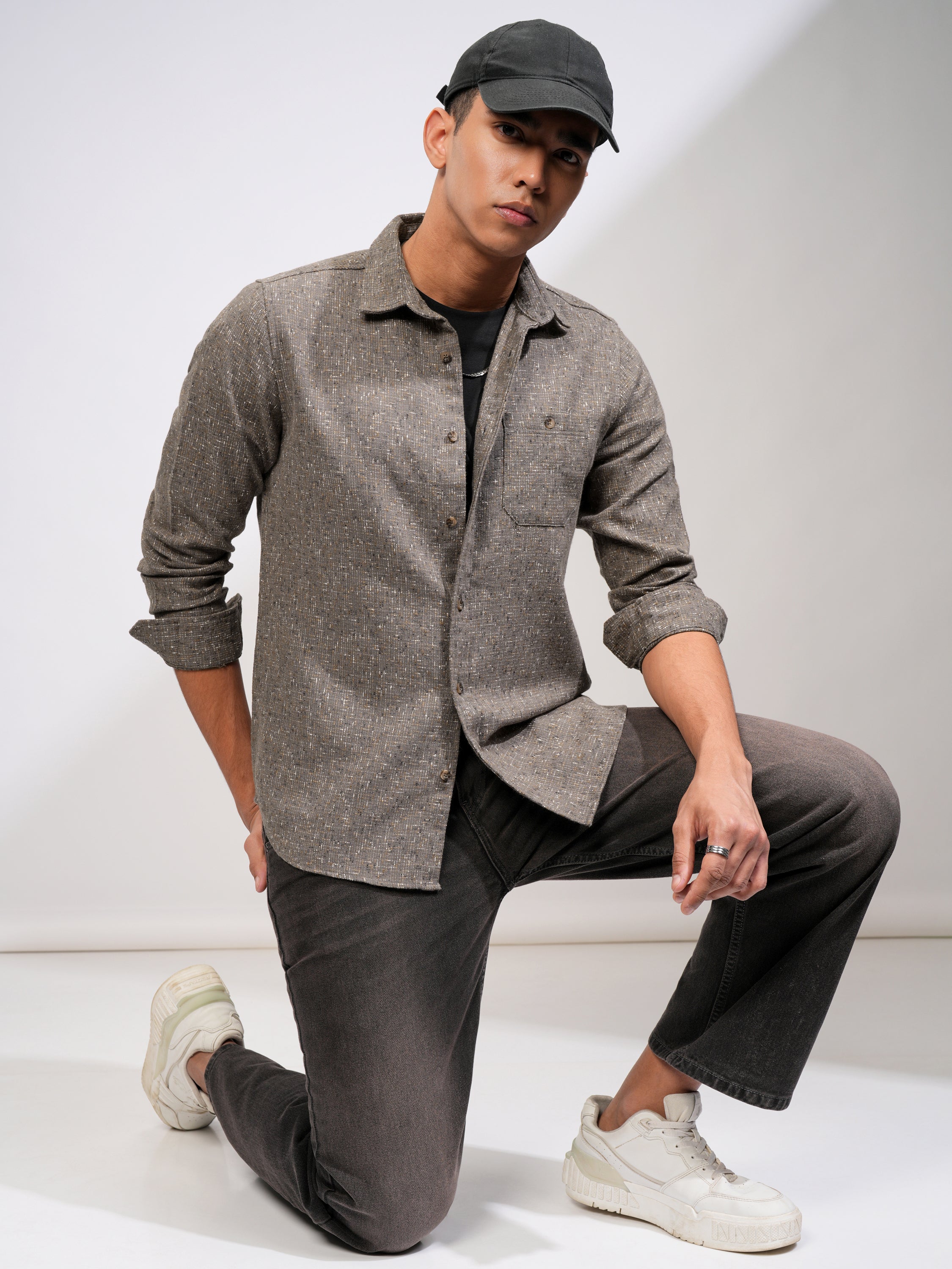 Highlander Men Tan Self Design Slim Fit Casual Shirt - Tan - Image 2