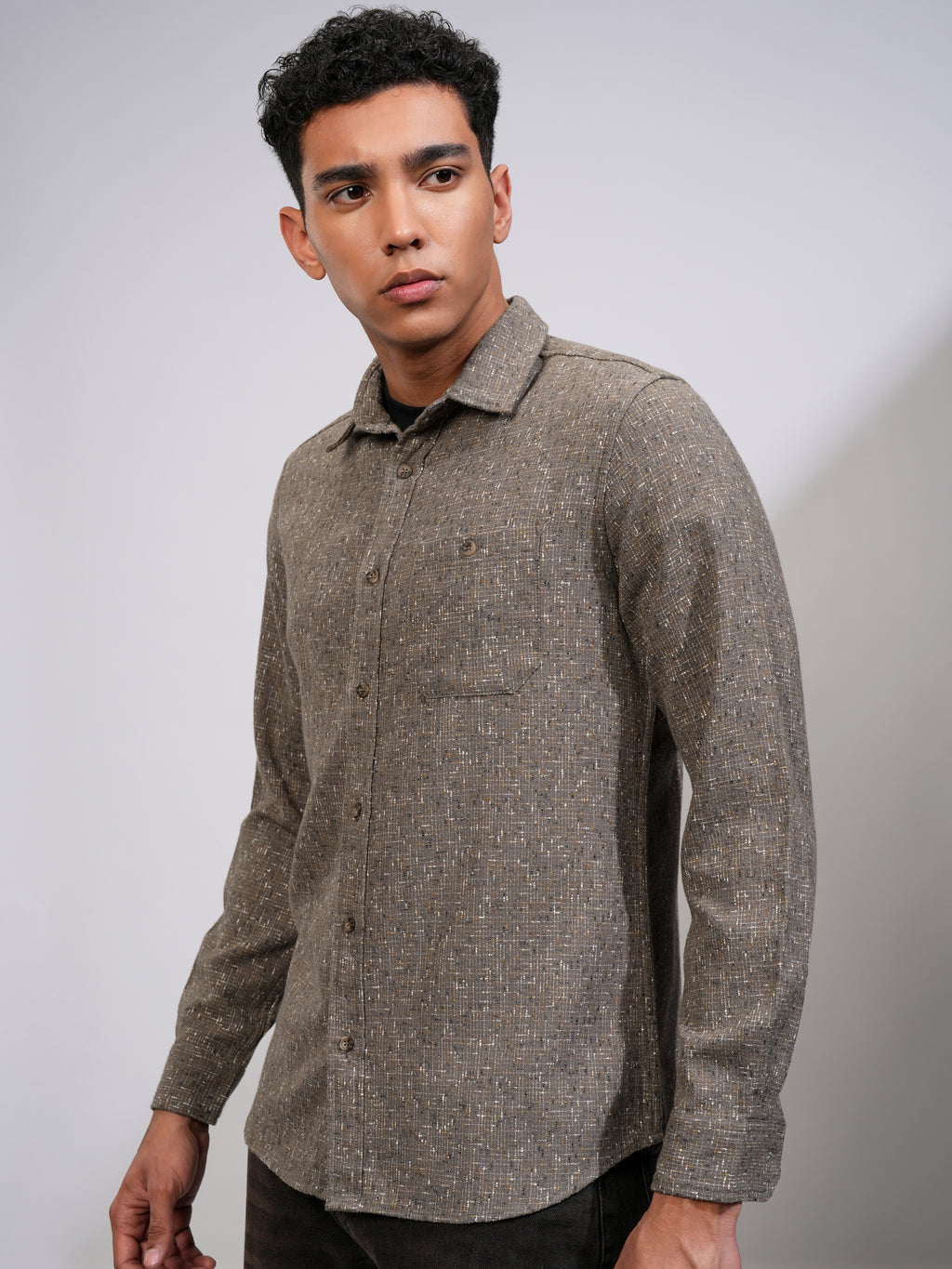 Highlander Men Tan Self Design Slim Fit Casual Shirt - Tan - Image 4