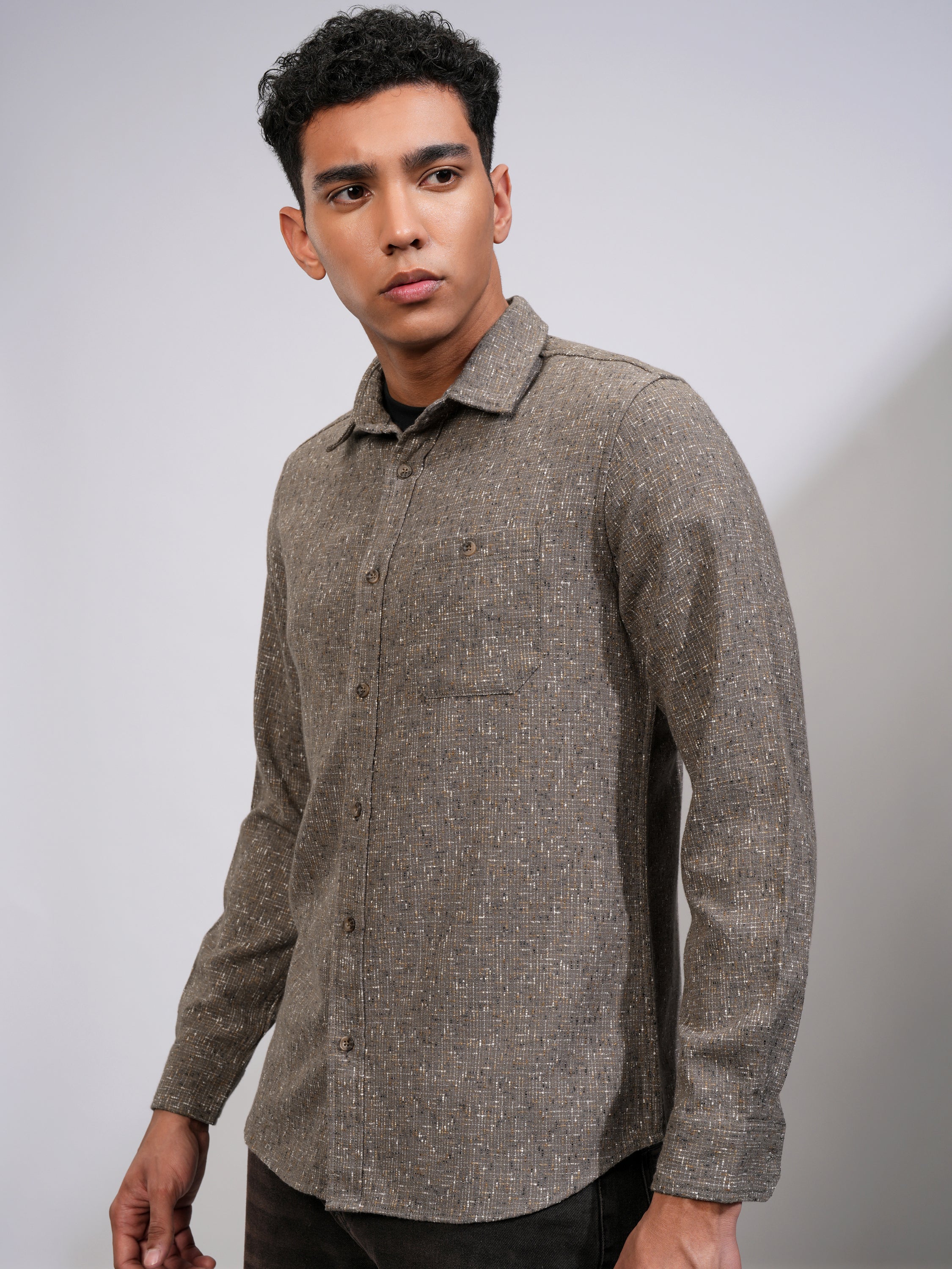Highlander Men Tan Self Design Slim Fit Casual Shirt - Tan - Image 4