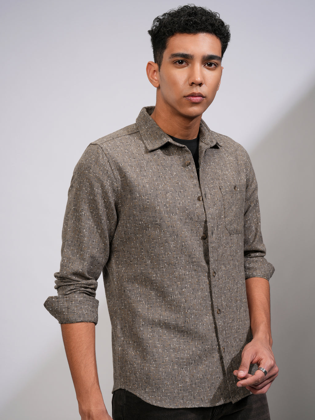 Highlander Men Tan Self Design Slim Fit Casual Shirt - Tan - Image 6