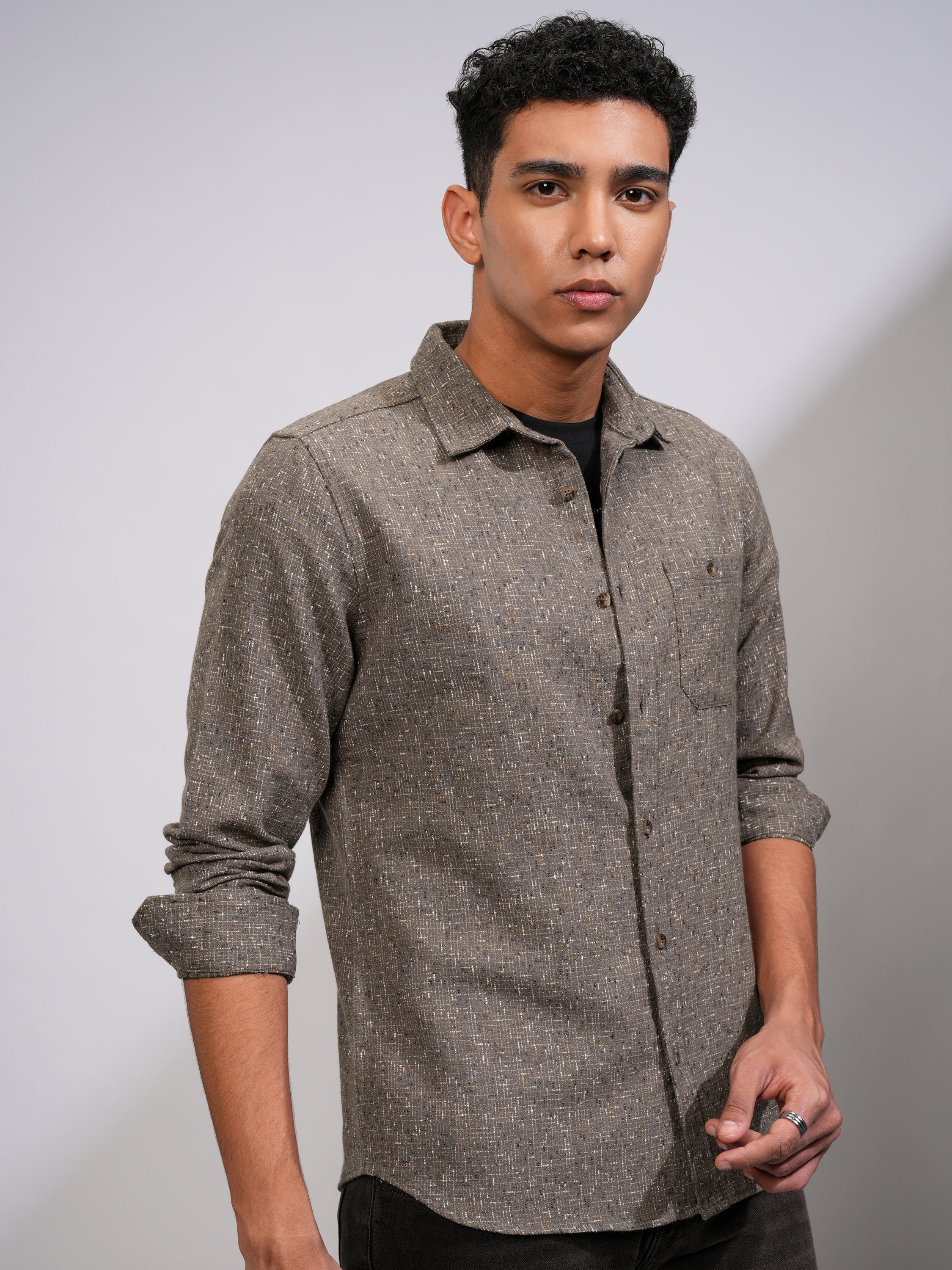 Highlander Men Tan Self Design Slim Fit Casual Shirt - Tan - Image 6