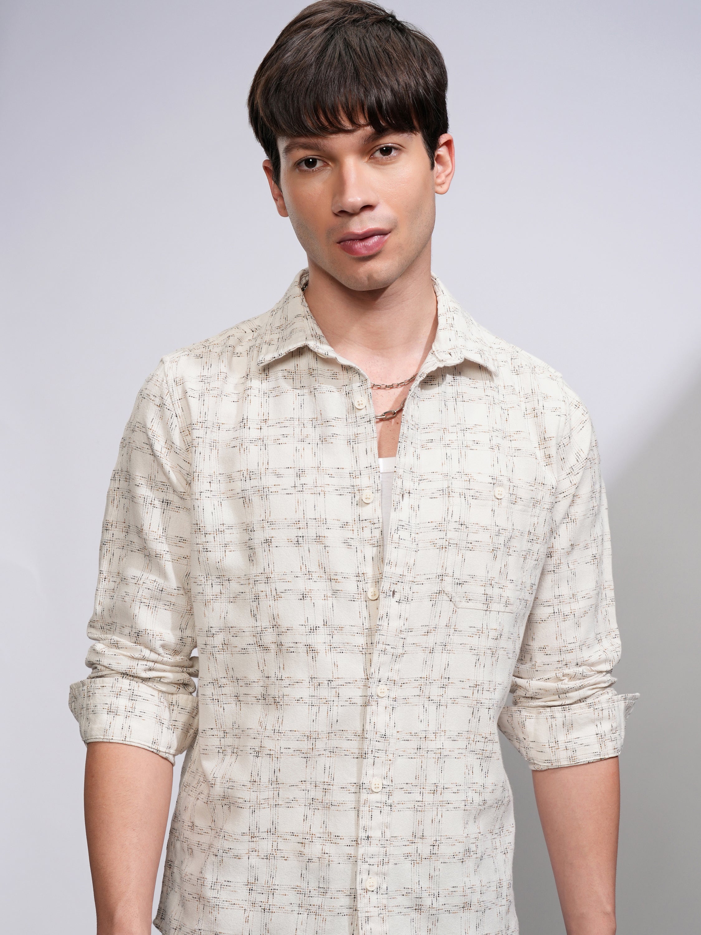 Highlander Men Cream Checked Slim Fit Casual Shirt - Cream - Image 1