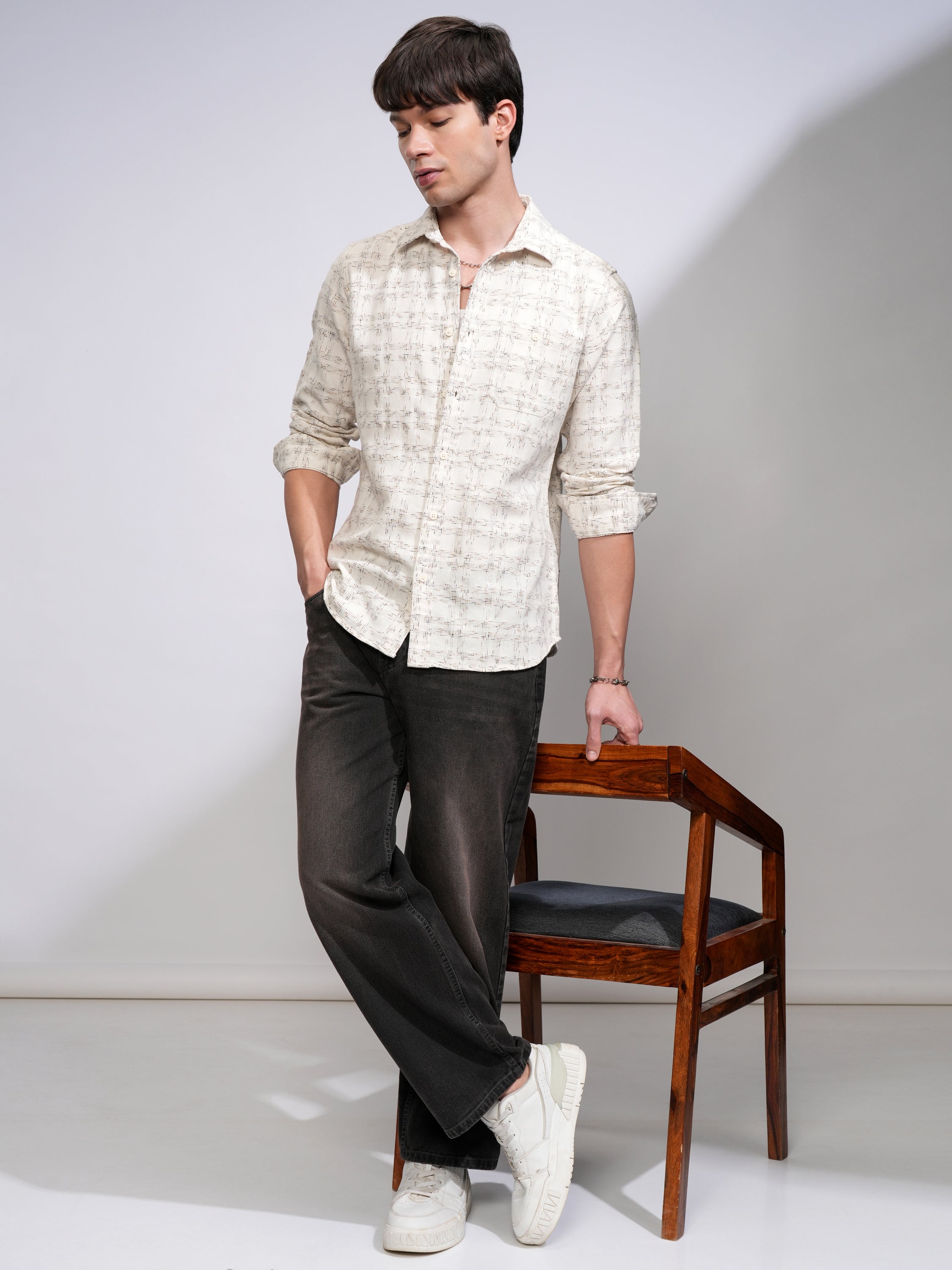 Highlander Men Cream Checked Slim Fit Casual Shirt - Cream - Image 2