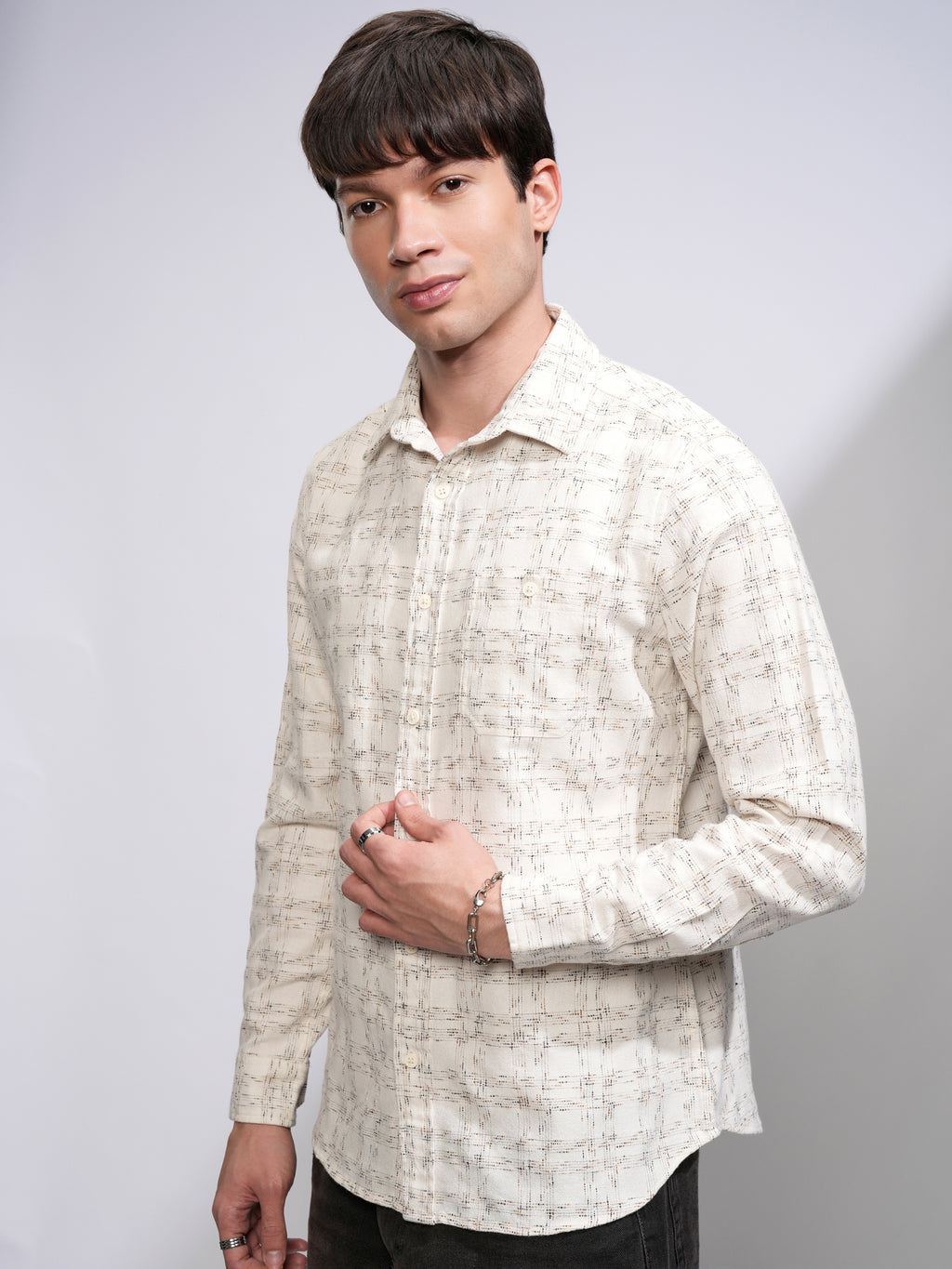 Highlander Men Cream Checked Slim Fit Casual Shirt - Cream - Image 4