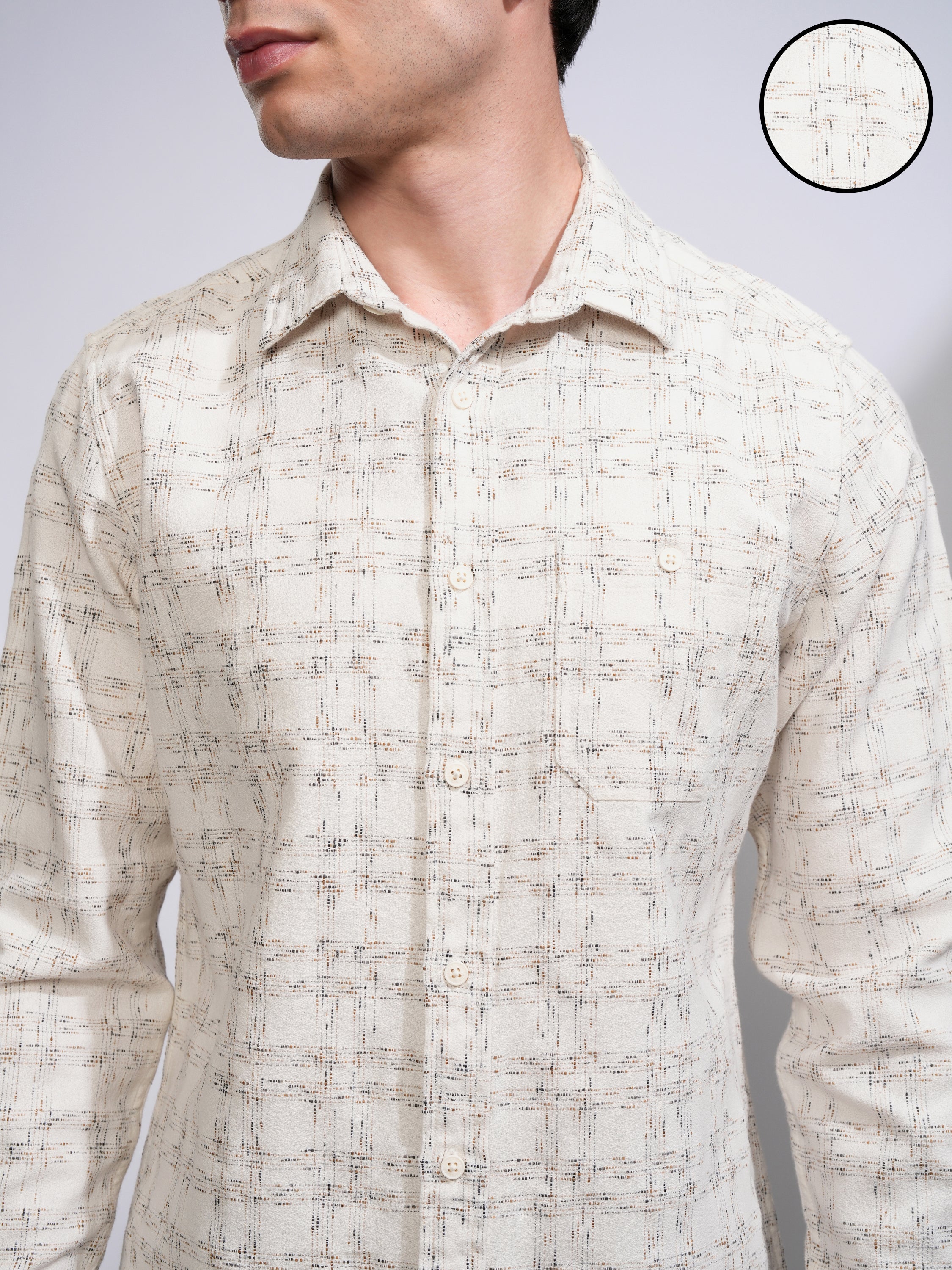 Highlander Men Cream Checked Slim Fit Casual Shirt - Cream - Image 5