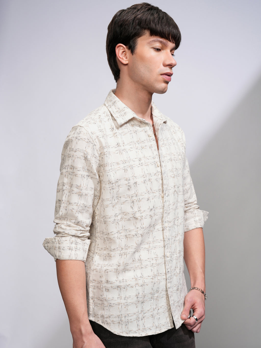 Highlander Men Cream Checked Slim Fit Casual Shirt - Cream - Image 6