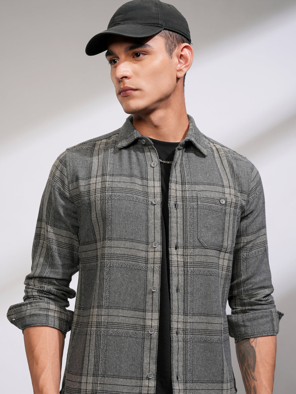 Highlander Men Grey Checked Slim Fit Casual Shirt - Grey - Image 1