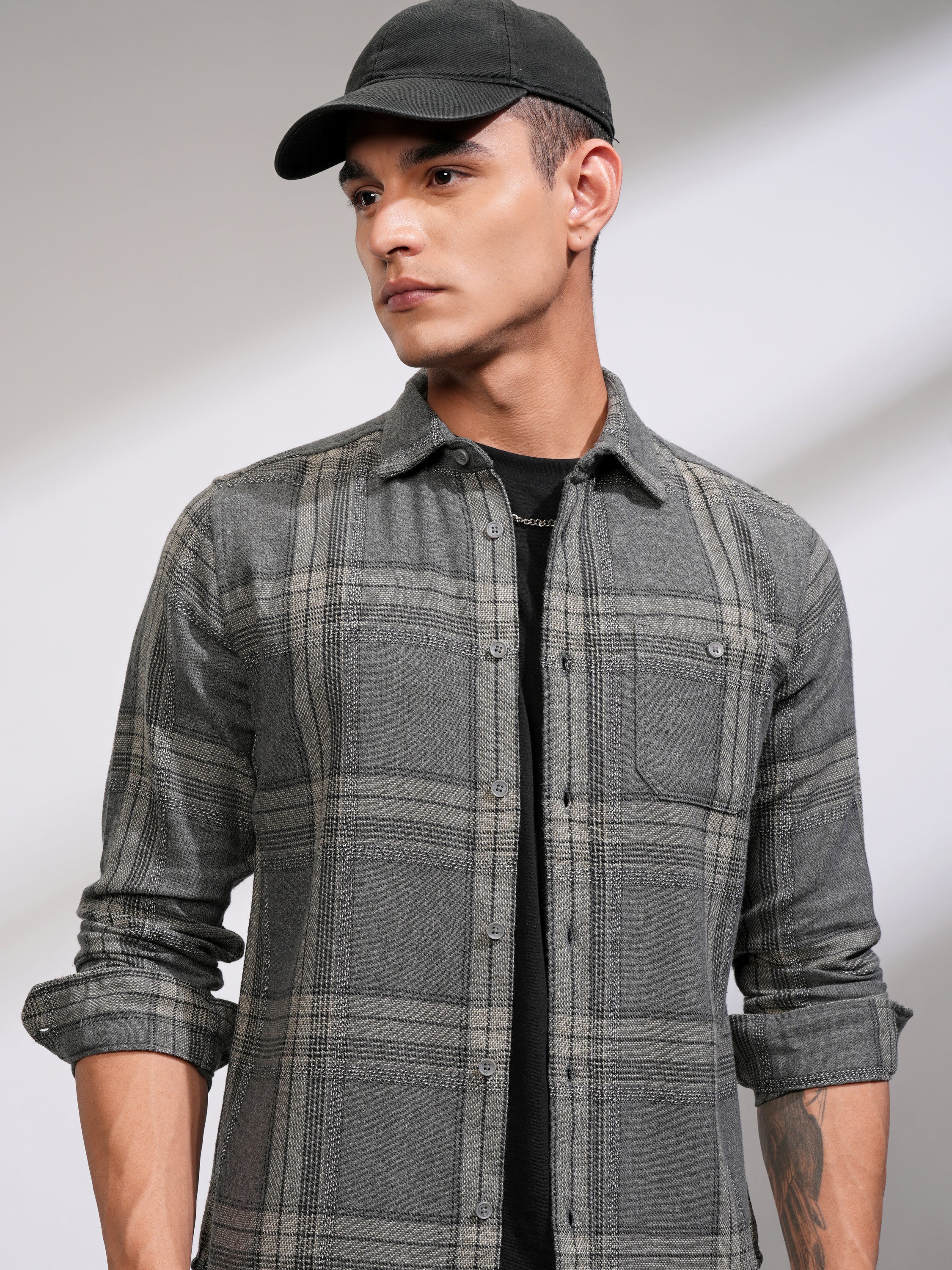 Highlander Men Grey Checked Slim Fit Casual Shirt - Grey - Image 1