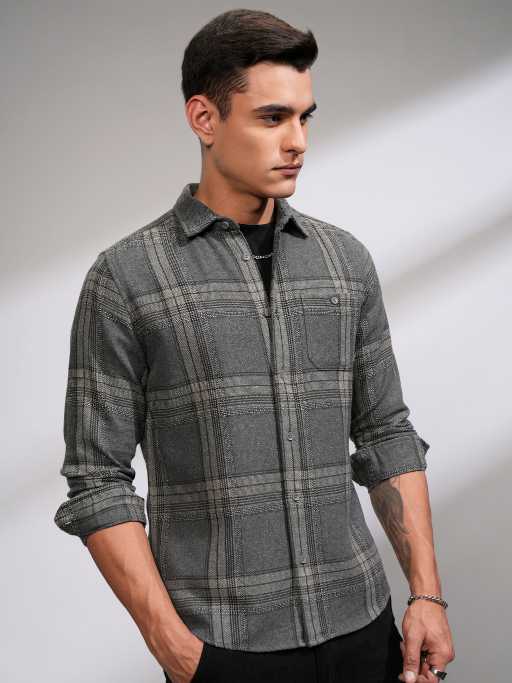 Highlander Men Grey Checked Slim Fit Casual Shirt - Grey - Image 6