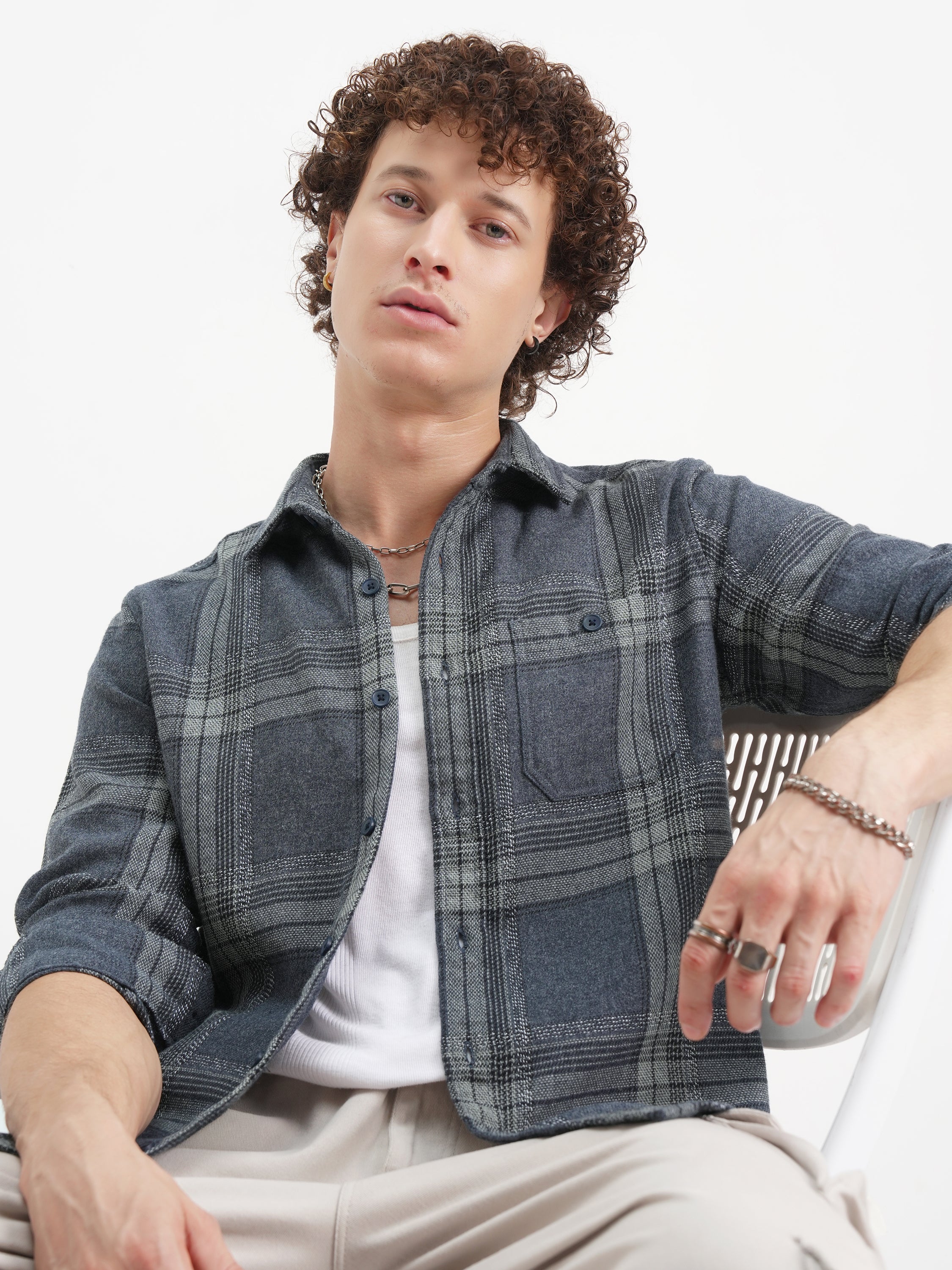 Highlander Men Blue Checked Slim Fit Casual Shirt - Blue - Image 1