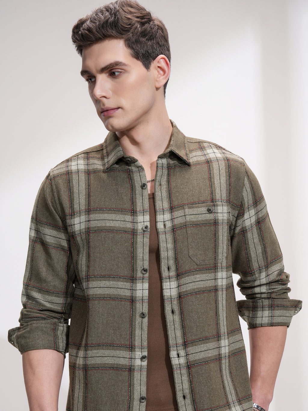 Highlander Men Olive Checked Slim Fit Casual Shirt - Olive - Image 1